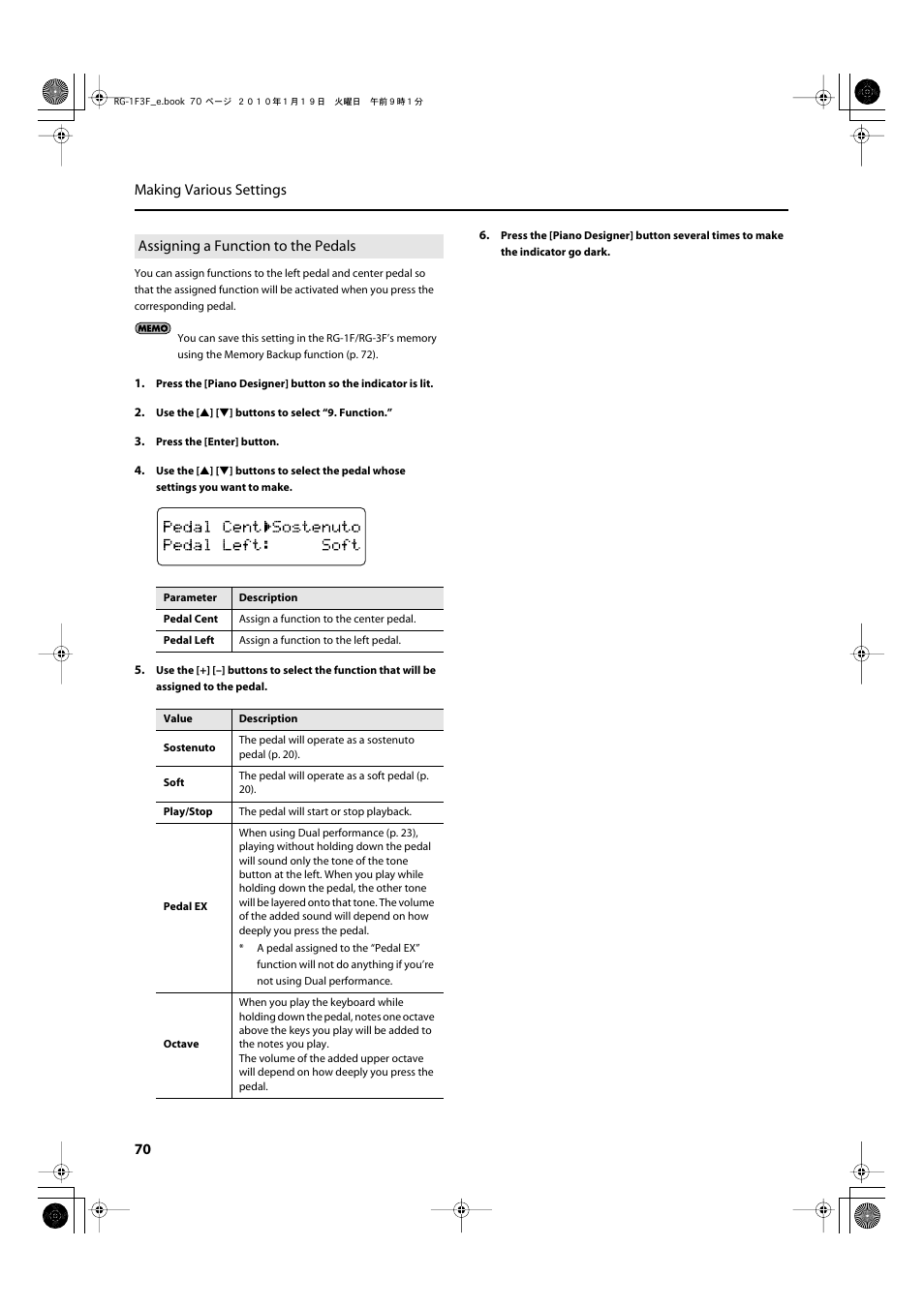 Assigning a function to the pedals, P. 70, 70 making various settings | Roland Digital Grand RG-3F User Manual | Page 70 / 100