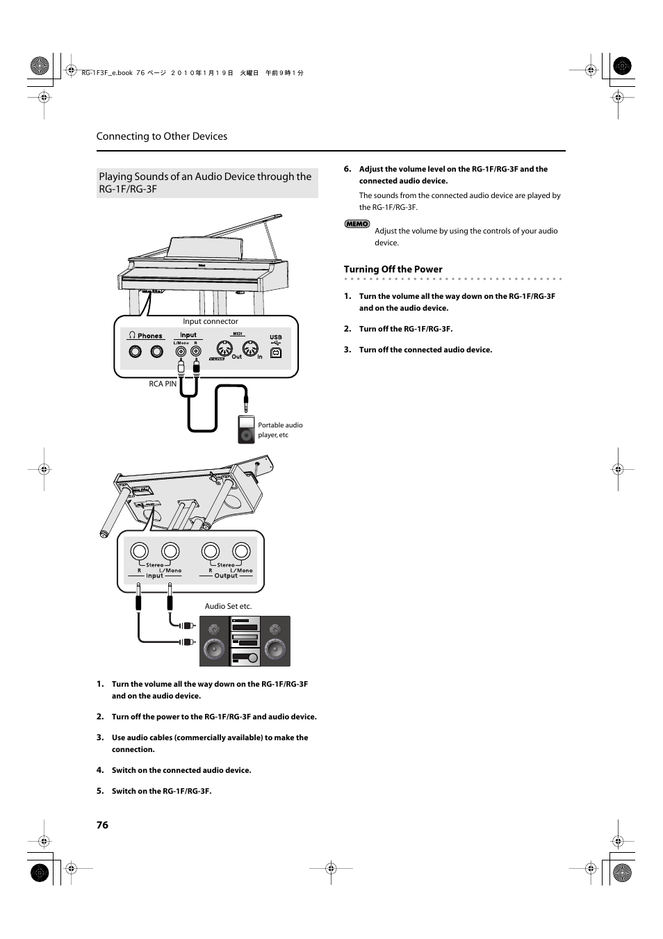 The rg-1f/rg-3f’s speakers (p. 76) | Roland Digital Grand RG-3F User Manual | Page 76 / 100