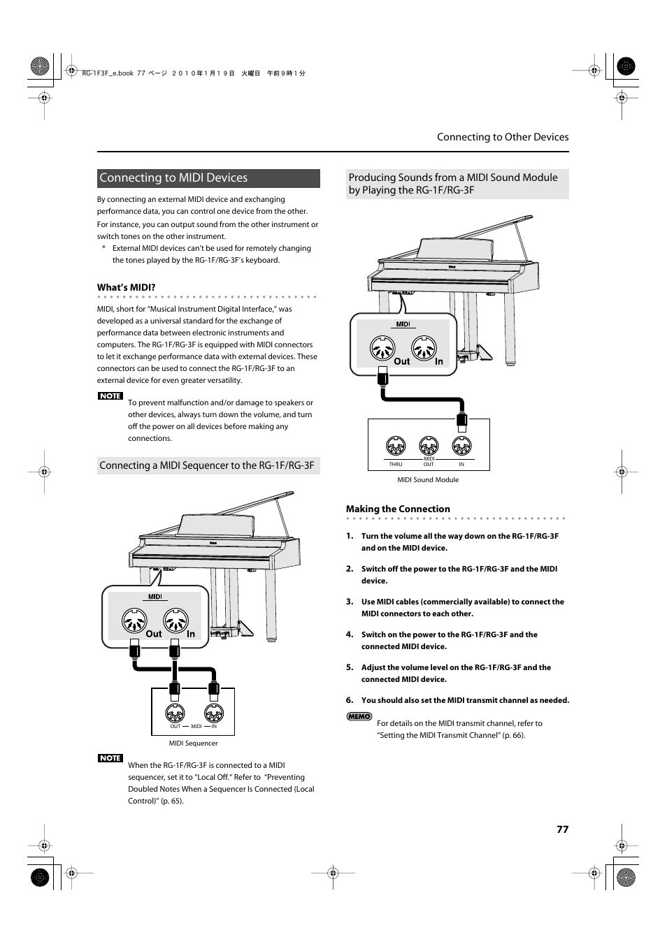 Connecting to midi devices, Connecting a midi sequencer to the rg-1f/rg-3f, Order to exchange performance data (p. 77) | For details on connecting midi devices, refer to, Connecting to midi devices” (p. 77), 77 connecting to other devices | Roland Digital Grand RG-3F User Manual | Page 77 / 100
