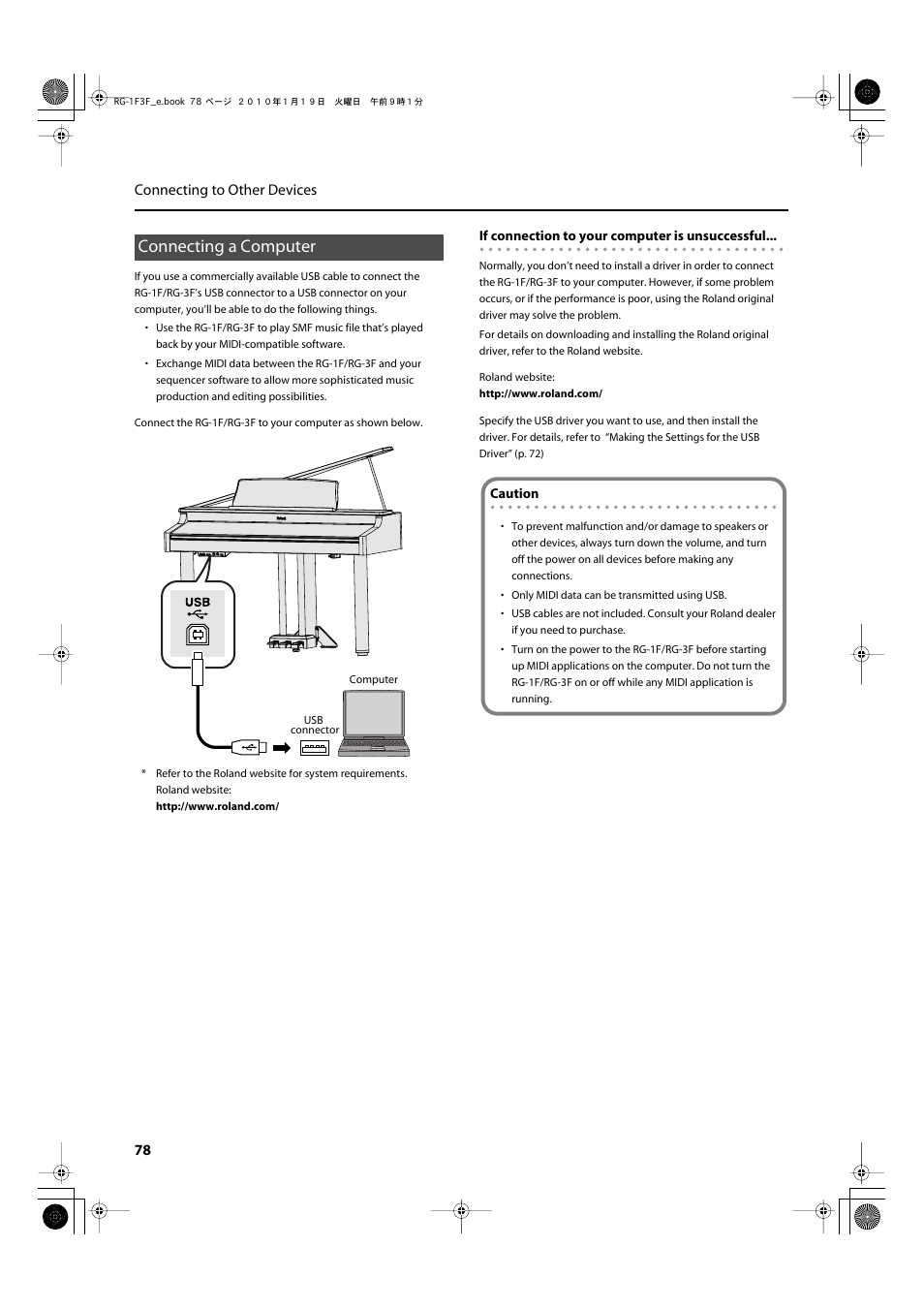 Connecting a computer, Exchange performance data (p. 78), 78 connecting to other devices | Roland Digital Grand RG-3F User Manual | Page 78 / 100