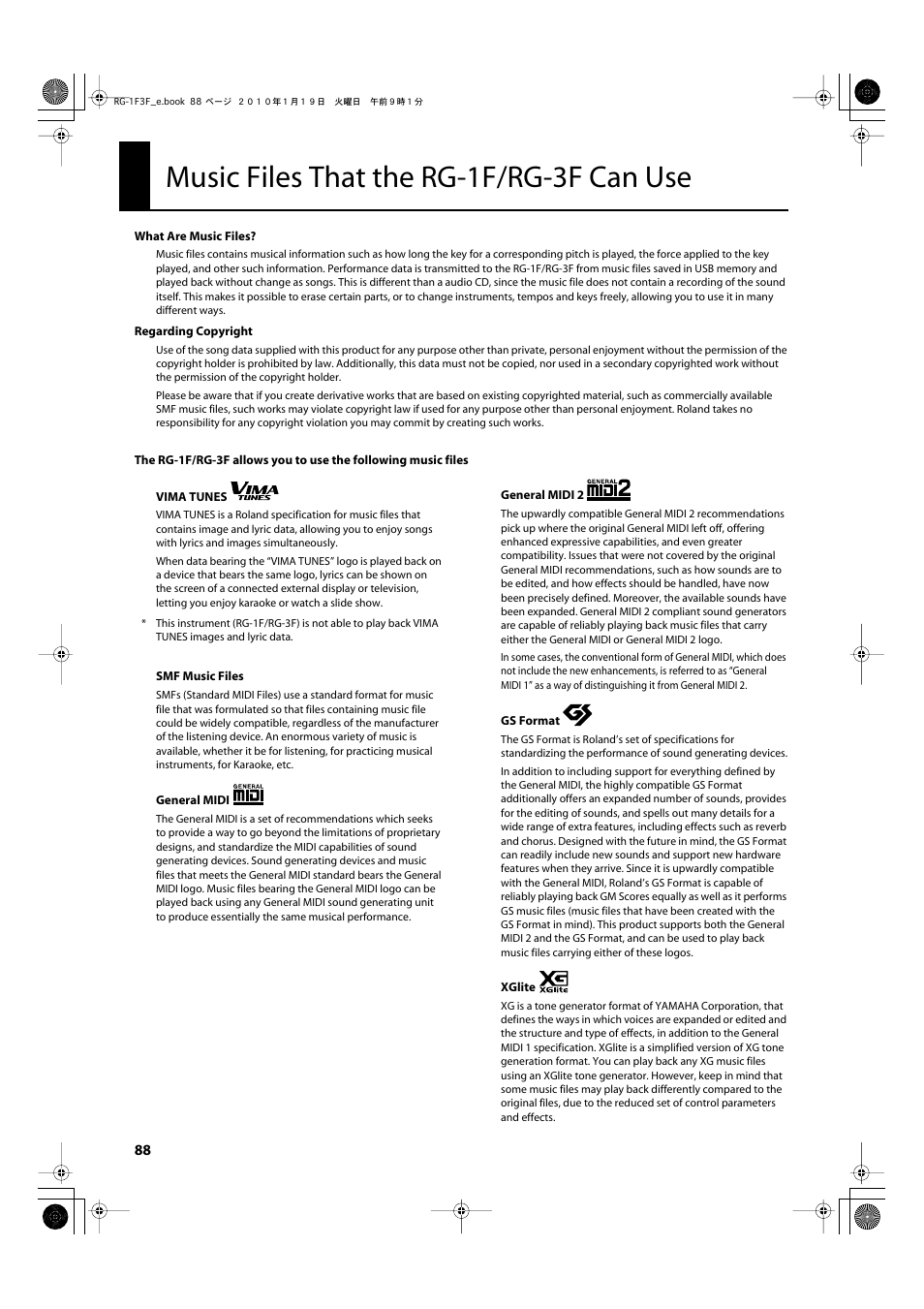 Music files that the rg-1f/rg-3f can use, Smf music data (p. 88) | Roland Digital Grand RG-3F User Manual | Page 88 / 100
