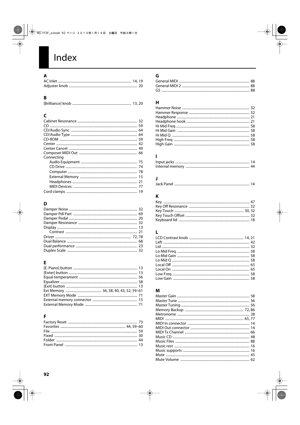 Index | Roland Digital Grand RG-3F User Manual | Page 92 / 100