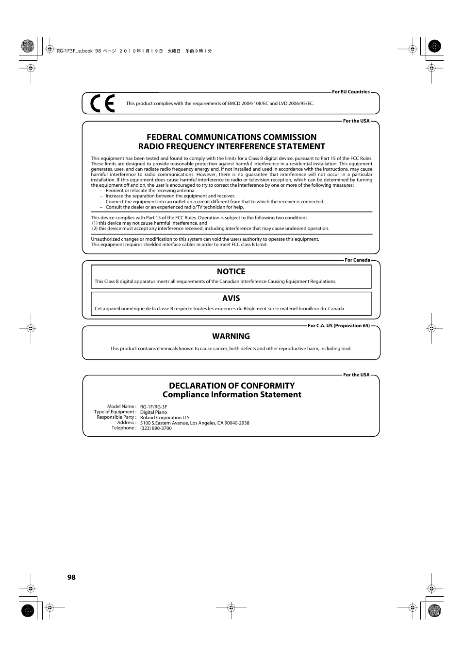 Notice avis, Warning | Roland Digital Grand RG-3F User Manual | Page 98 / 100