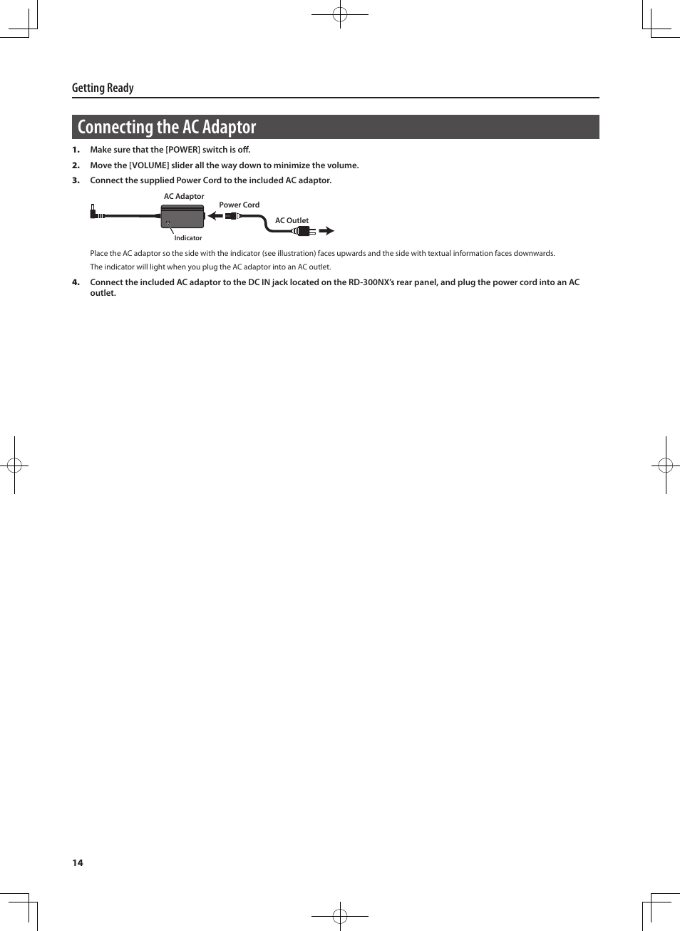 Connecting the ac adaptor, Getting ready | Roland RD-300 User Manual | Page 12 / 92