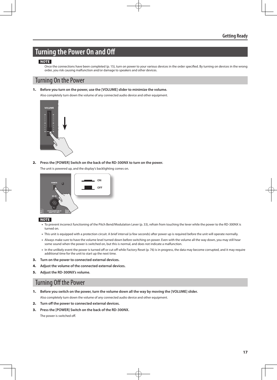 Turning the power on and off, Turning on the power, Turning off the power | Getting ready | Roland RD-300 User Manual | Page 15 / 92