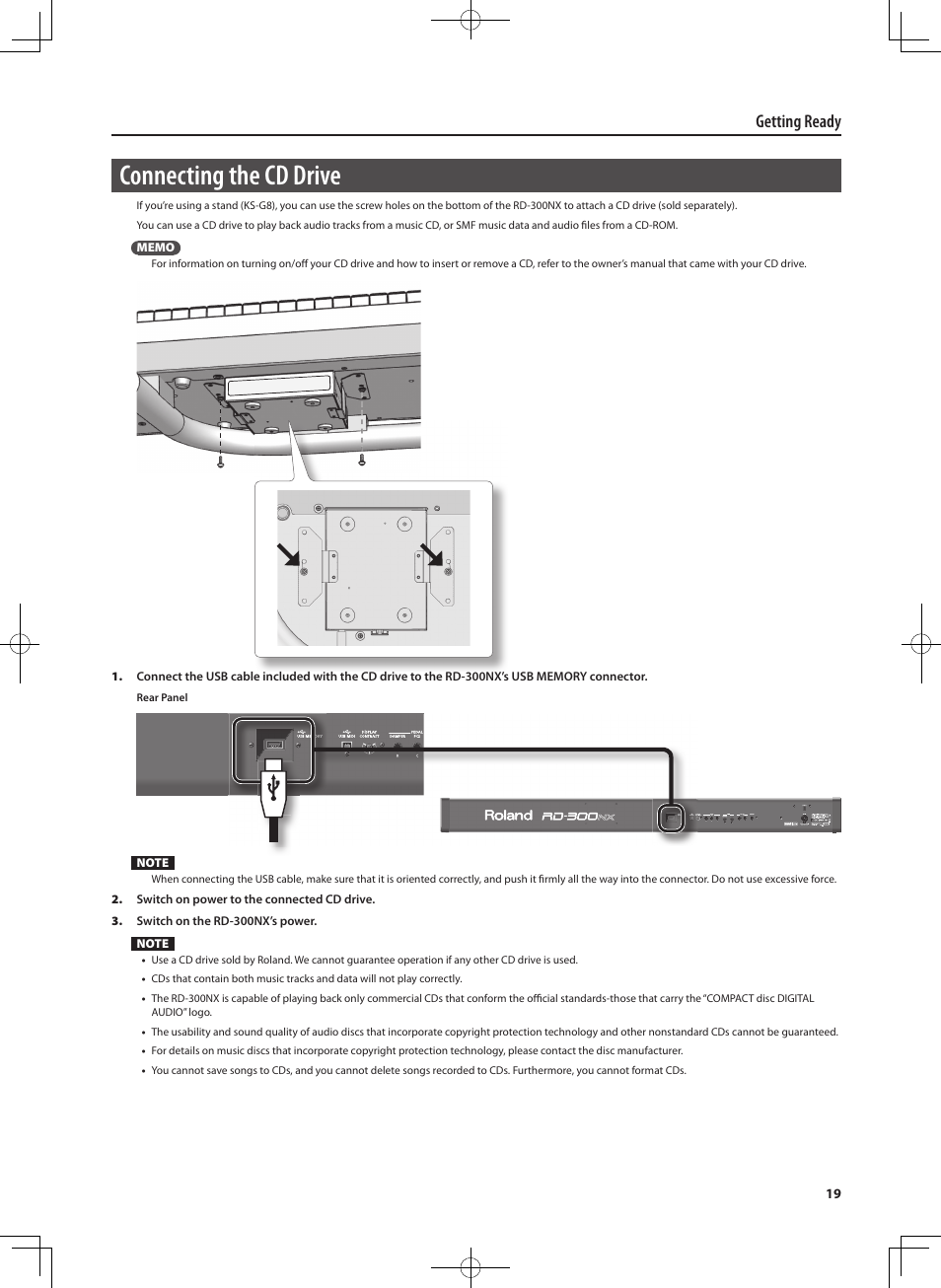 Connecting the cd drive, Getting ready | Roland RD-300 User Manual | Page 17 / 92