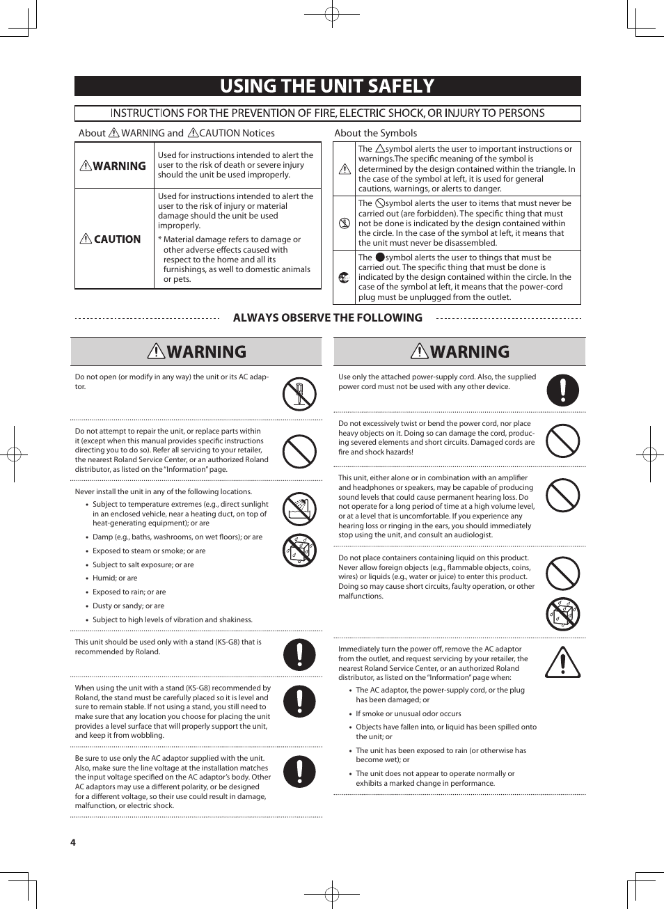 Using the unit safely, Always observe the following | Roland RD-300 User Manual | Page 2 / 92