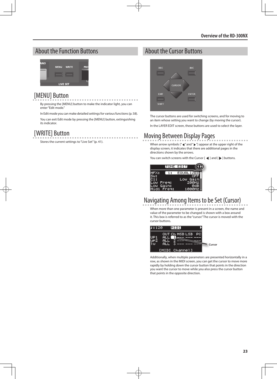 About the function buttons [menu] button, Write] button, About the cursor buttons | Moving between display pages, Navigating among items to be set (cursor), Overview of the rd-300nx | Roland RD-300 User Manual | Page 21 / 92