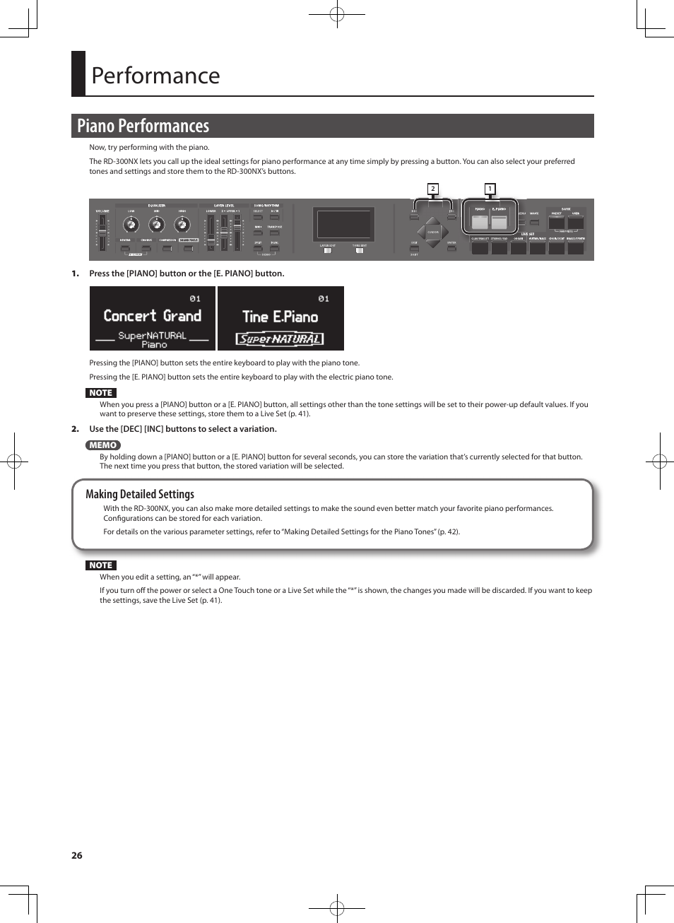 Performance, Piano performances, Making detailed settings | Roland RD-300 User Manual | Page 24 / 92