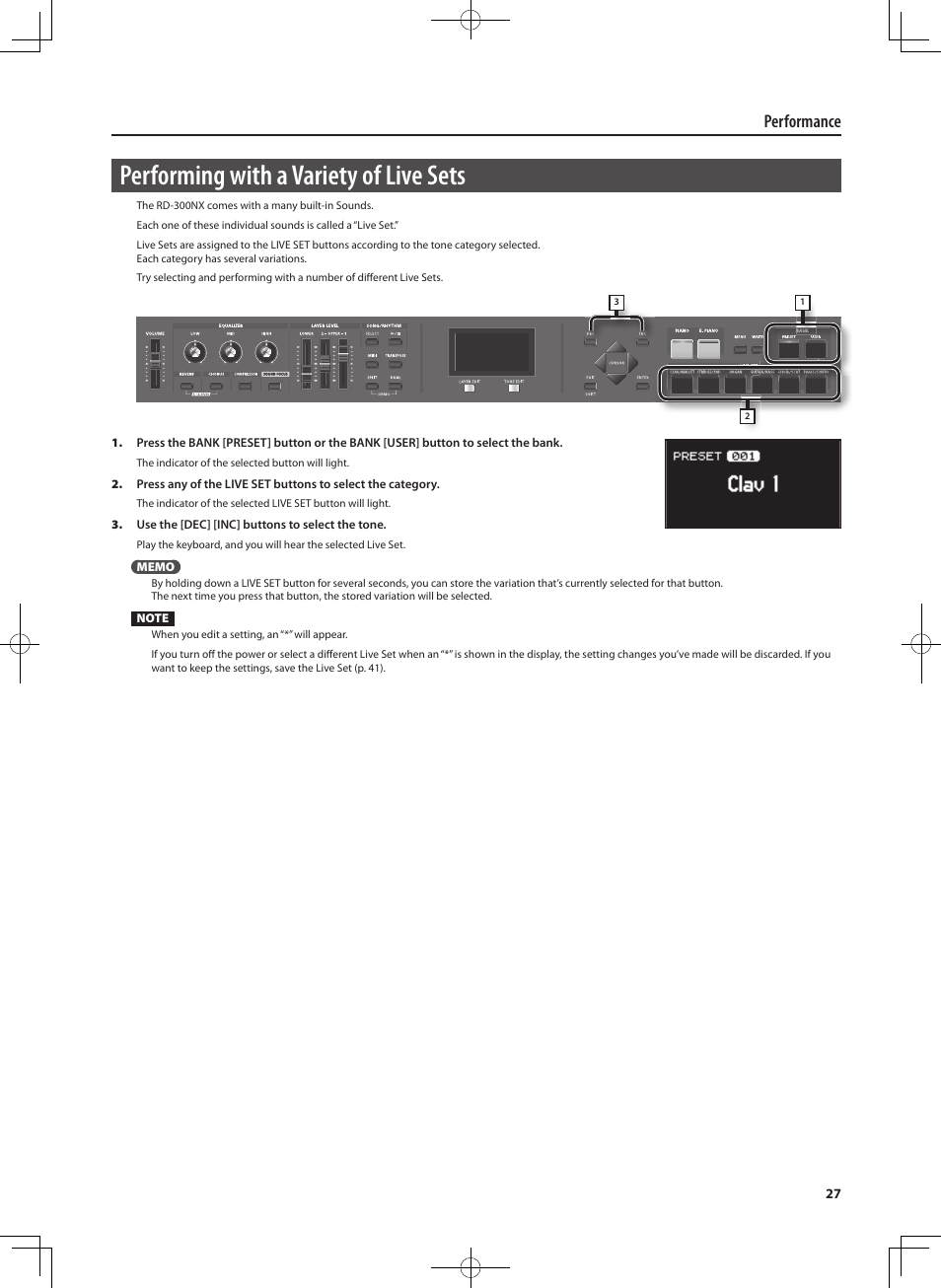 Performing with a variety of live sets, Performance | Roland RD-300 User Manual | Page 25 / 92