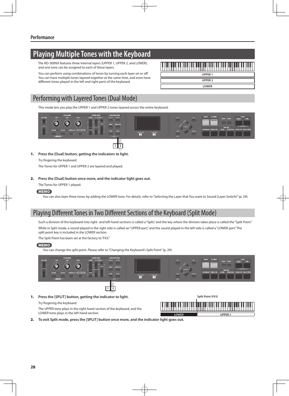 Playing multiple tones with the keyboard, Performing with layered tones ( dual mode), Performance | Roland RD-300 User Manual | Page 26 / 92