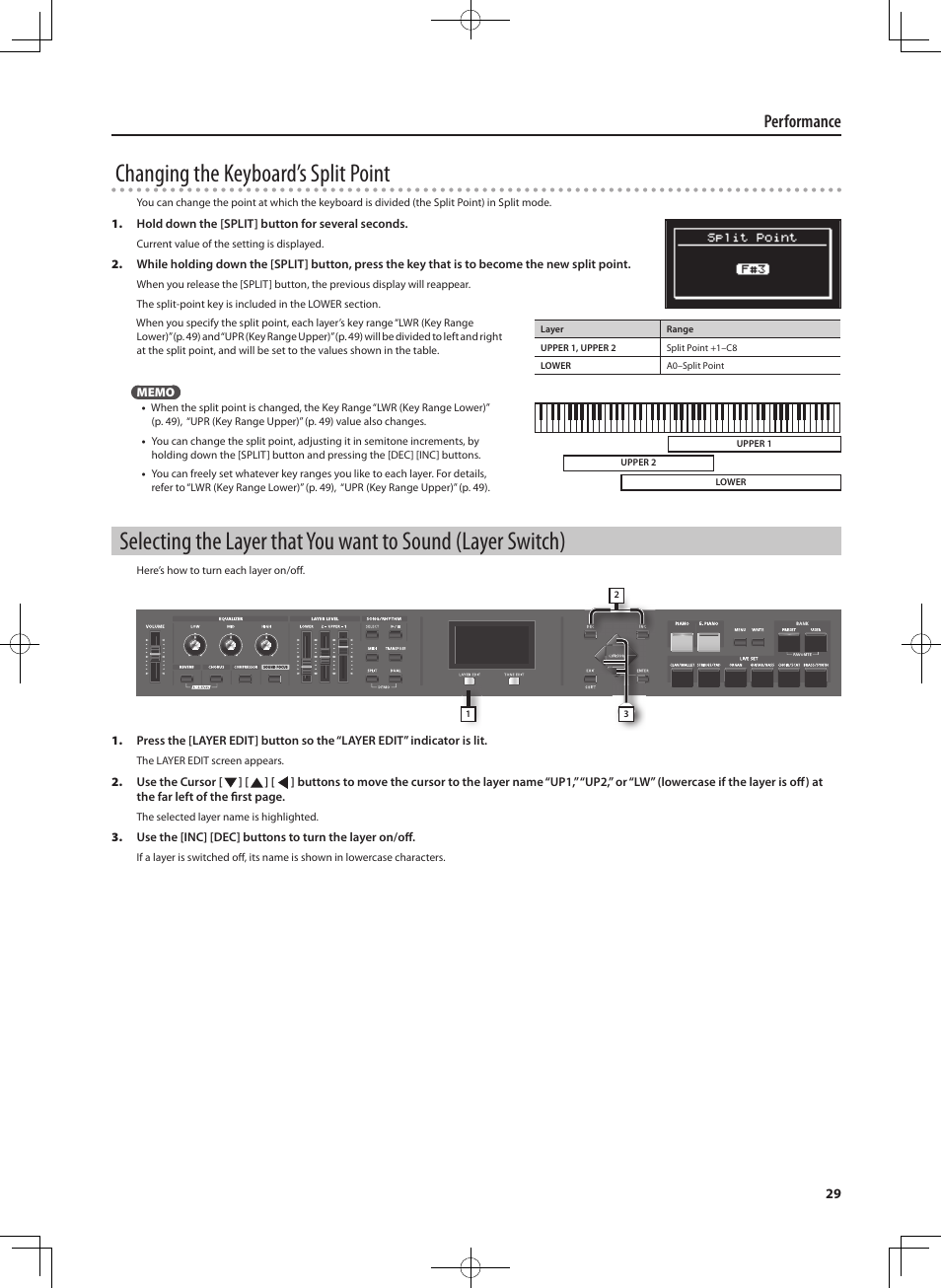 Changing the keyboard’s split point, Performance | Roland RD-300 User Manual | Page 27 / 92