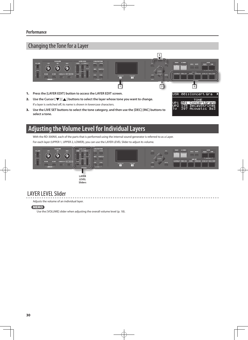 Adjusting the volume level for individual layers, Changing the tone for a layer, Layer level slider | Performance | Roland RD-300 User Manual | Page 28 / 92