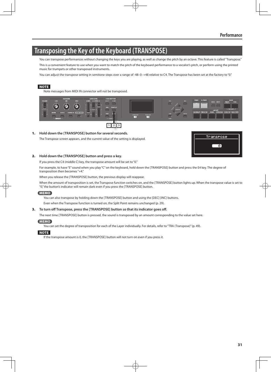 Transposing the key of the keyboard ( transpose), Performance | Roland RD-300 User Manual | Page 29 / 92