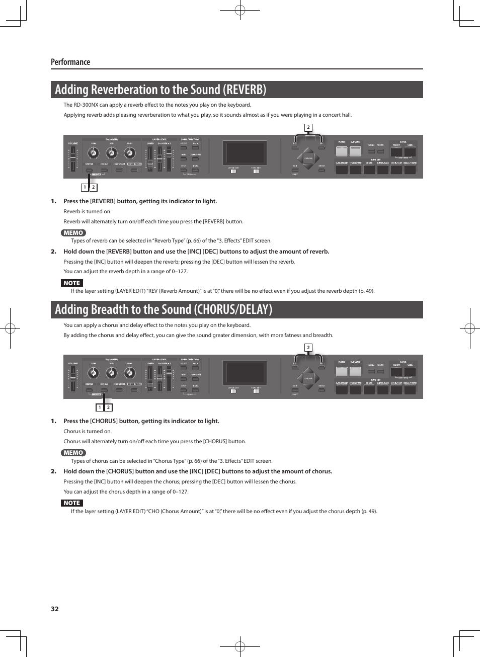 Adding reverberation to the sound ( reverb), Adding breadth to the sound ( chorus/ delay), Performance | Roland RD-300 User Manual | Page 30 / 92