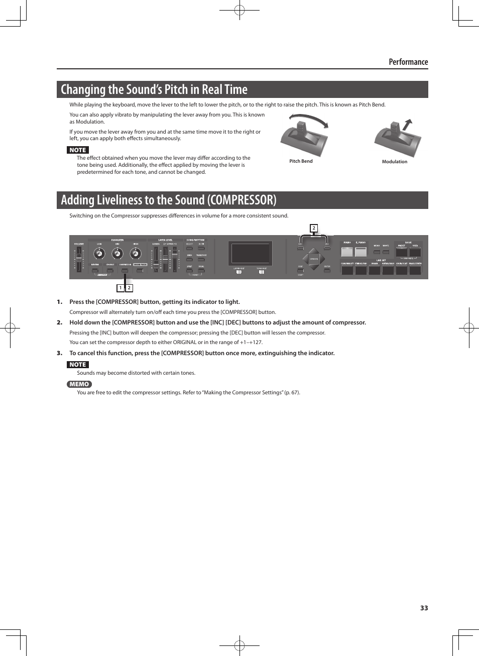 Changing the sound’s pitch in real time, Adding liveliness to the sound ( compressor), Performance | Roland RD-300 User Manual | Page 31 / 92