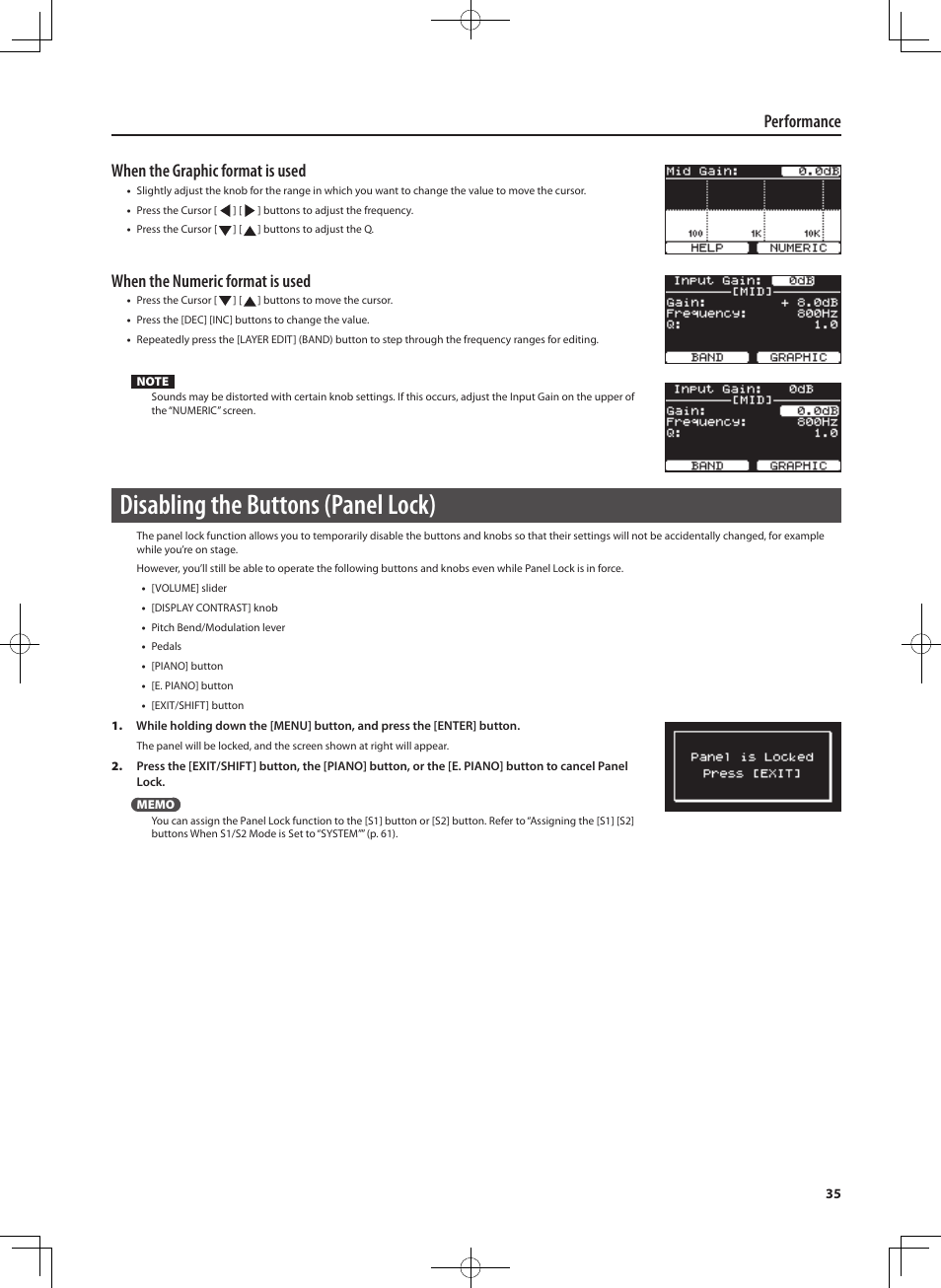 Disabling the buttons ( panel lock), Performance when the graphic format is used, When the numeric format is used | Roland RD-300 User Manual | Page 33 / 92