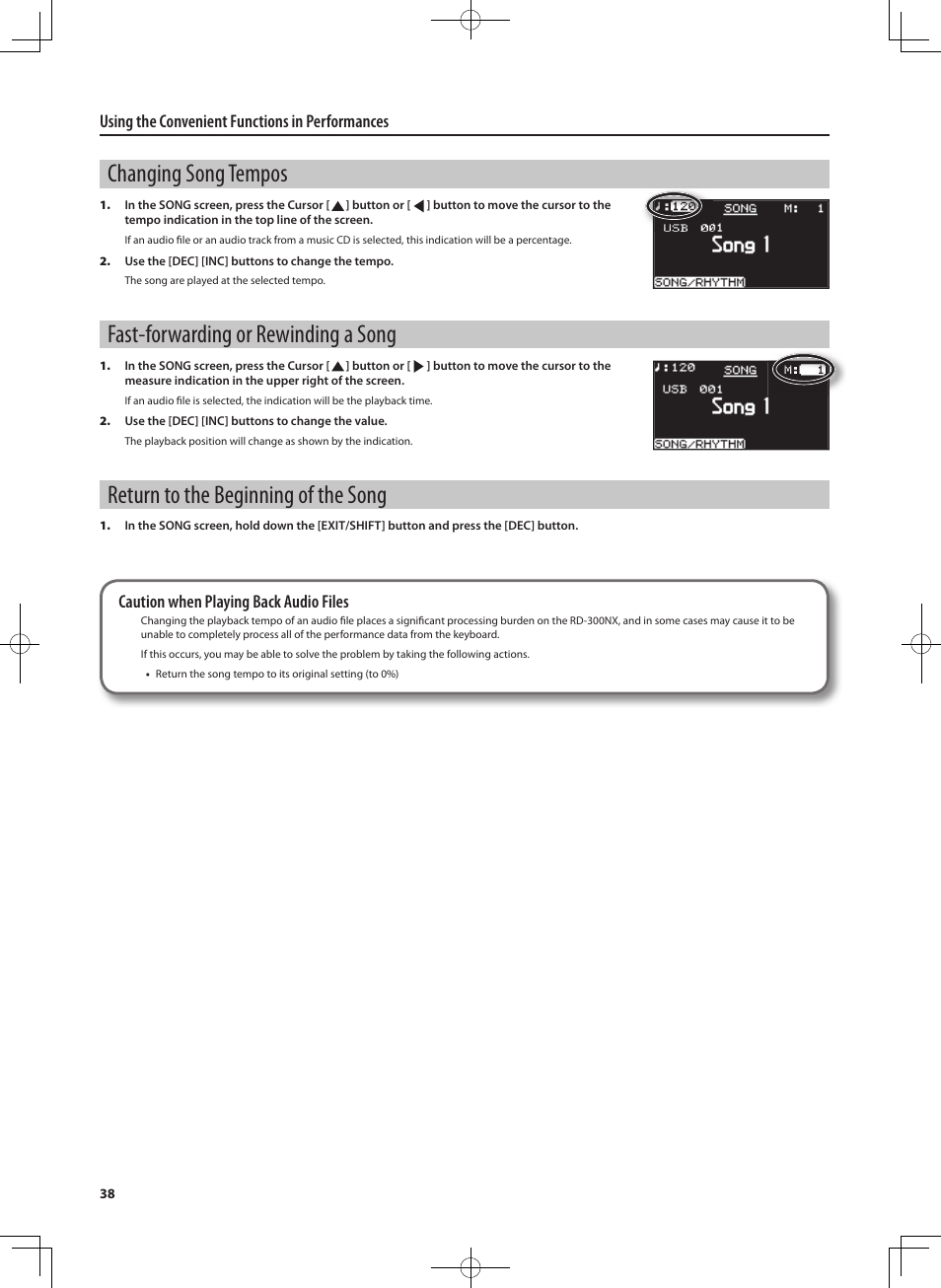 Changing song tempos, Fast-forwarding or rewinding a song, Return to the beginning of the song | Using the convenient functions in performances, Caution when playing back audio files | Roland RD-300 User Manual | Page 36 / 92