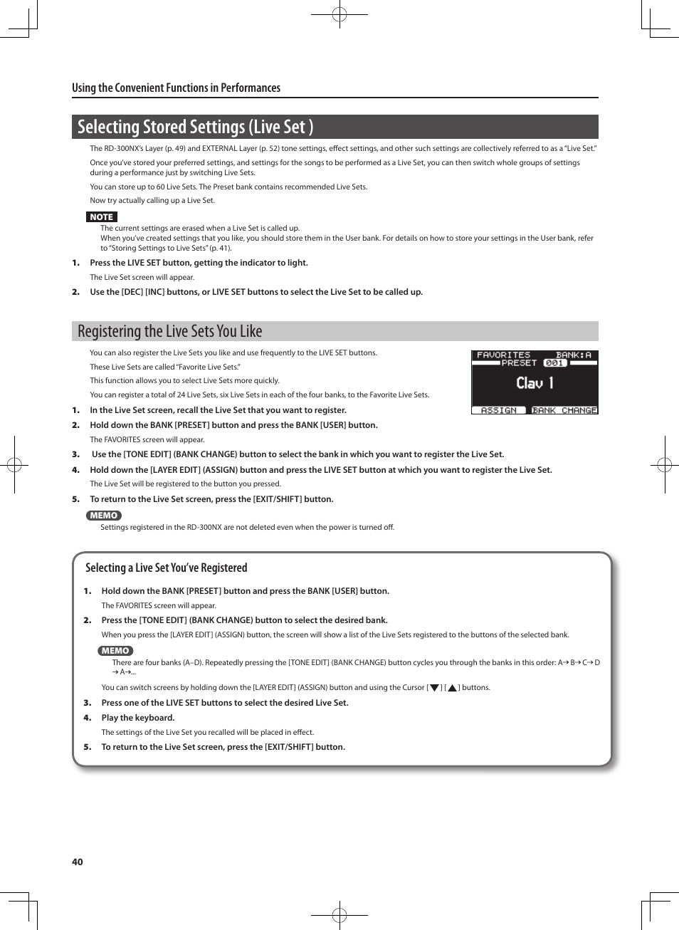 Selecting stored settings ( live set ), Registering the live sets you like, Using the convenient functions in performances | Selecting a live set you’ve registered | Roland RD-300 User Manual | Page 38 / 92
