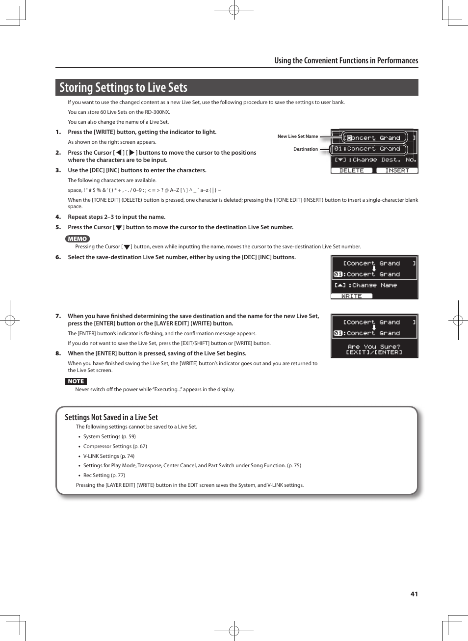 Storing settings to live sets, Using the convenient functions in performances, Settings not saved in a live set | Roland RD-300 User Manual | Page 39 / 92