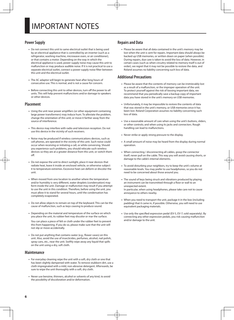 Power supply, Placement, Maintenance | Repairs and data, Additional precautions | Roland RD-300 User Manual | Page 4 / 92
