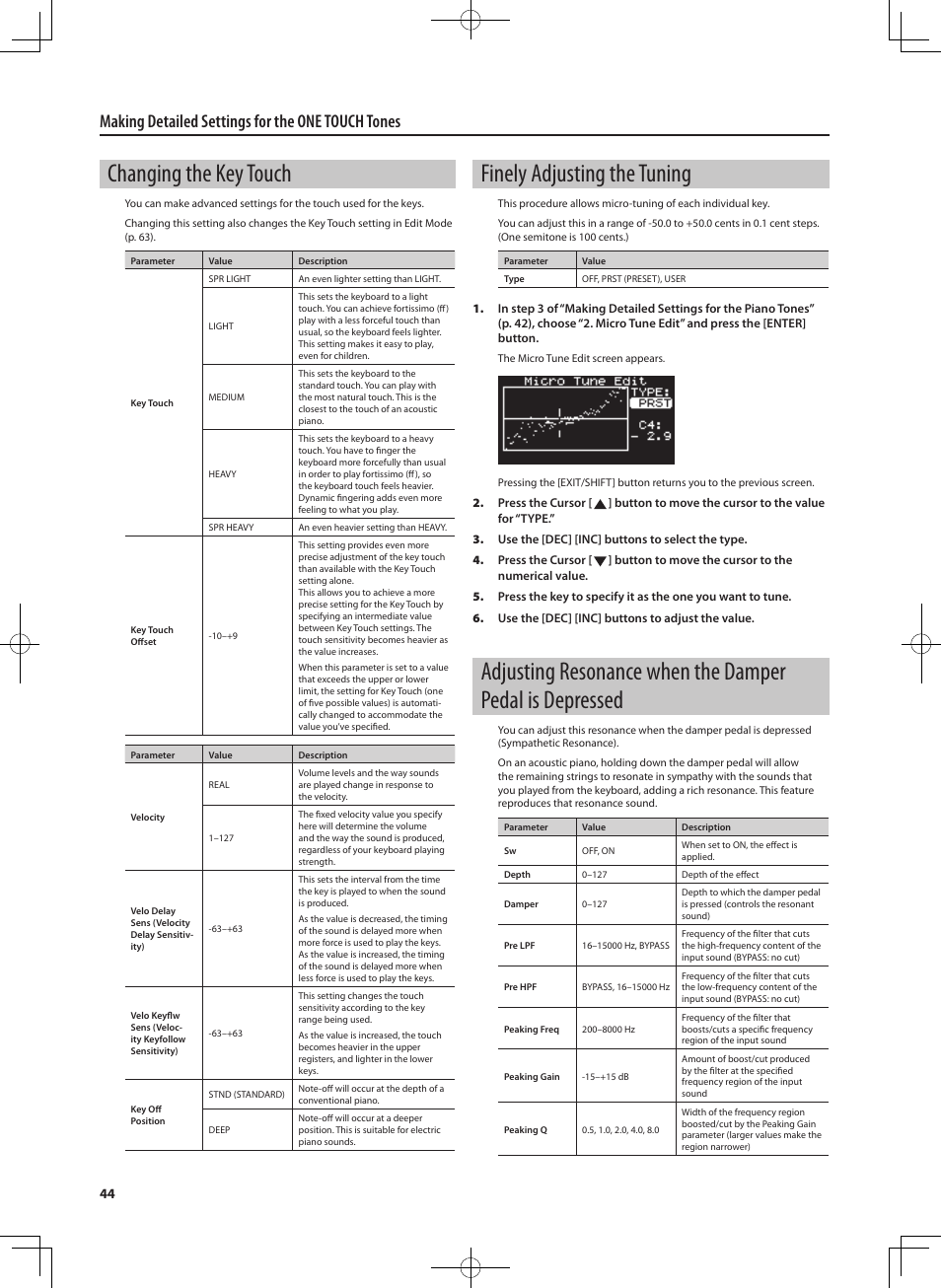 Changing the key touch, Finely adjusting the tuning, Making detailed settings for the one touch tones | Roland RD-300 User Manual | Page 42 / 92