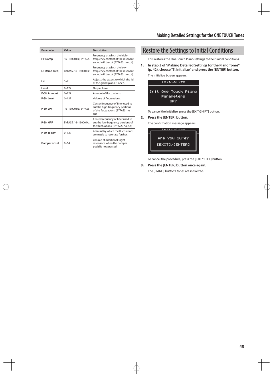 Restore the settings to initial conditions, Making detailed settings for the one touch tones | Roland RD-300 User Manual | Page 43 / 92