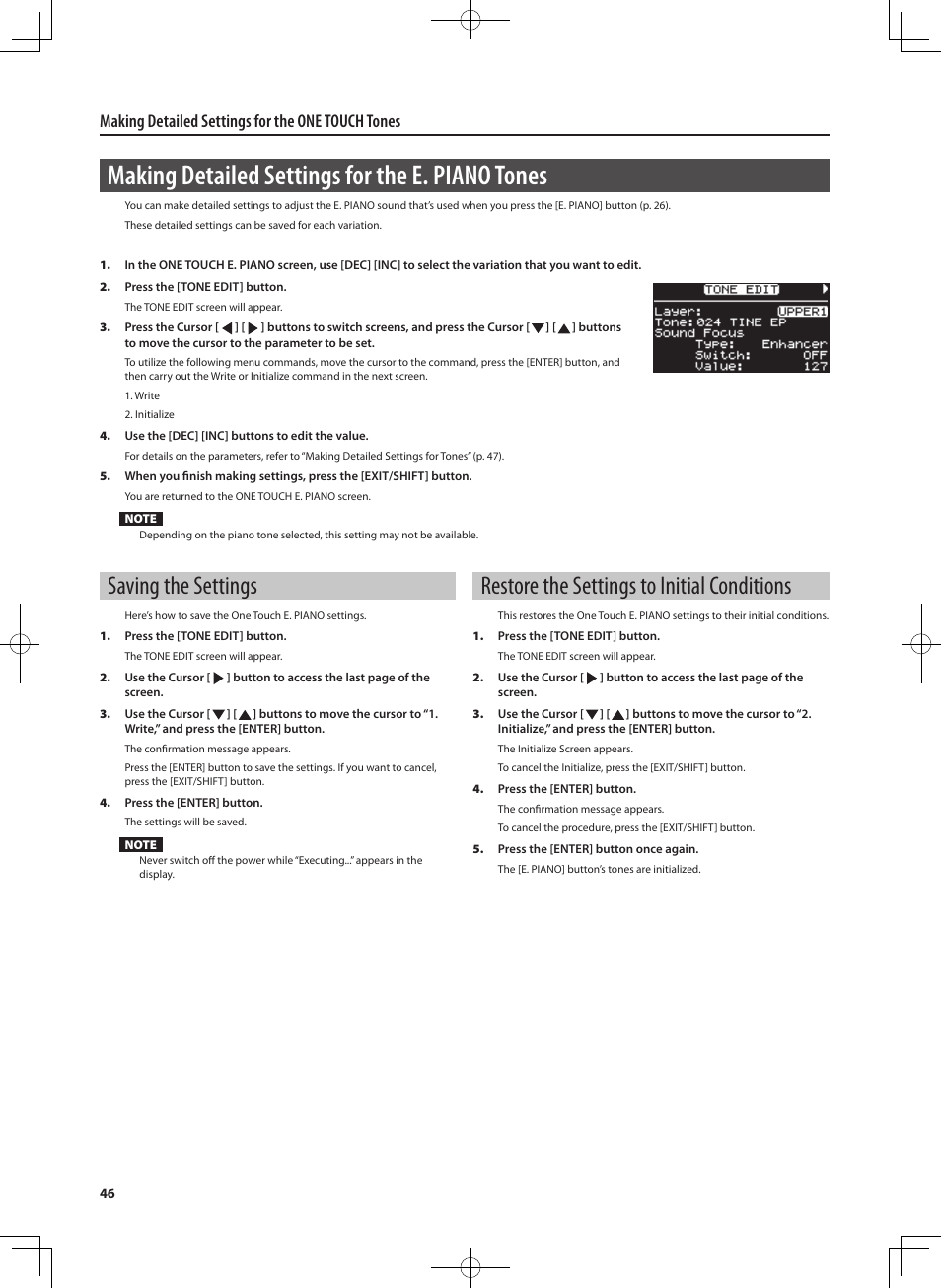 Making detailed settings for the e. piano tones, Saving the settings, Restore the settings to initial conditions | Making detailed settings for the one touch tones | Roland RD-300 User Manual | Page 44 / 92
