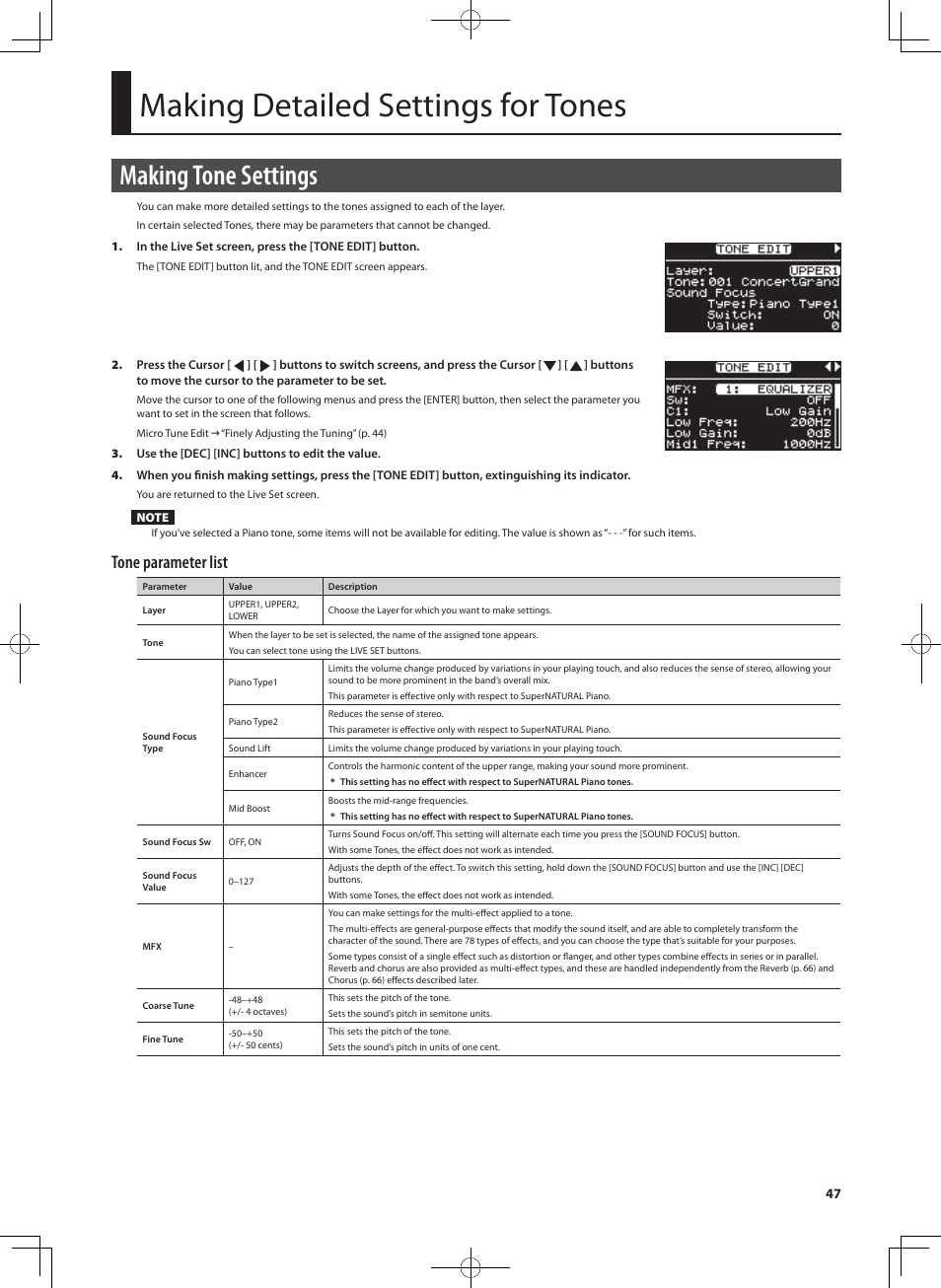 Making detailed settings for tones, Making tone settings, Tone parameter list | Roland RD-300 User Manual | Page 45 / 92