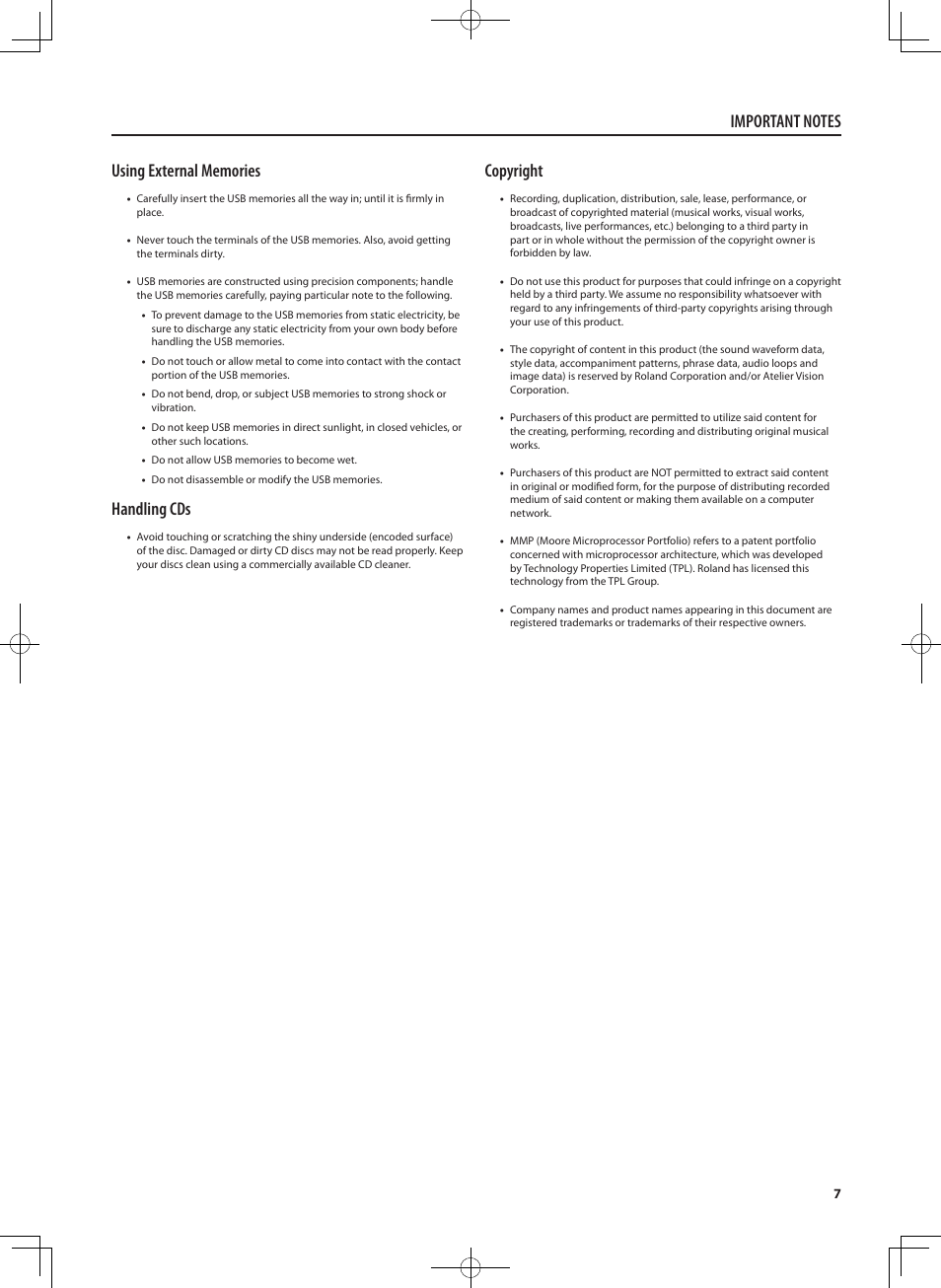 Handling cds, Copyright | Roland RD-300 User Manual | Page 5 / 92