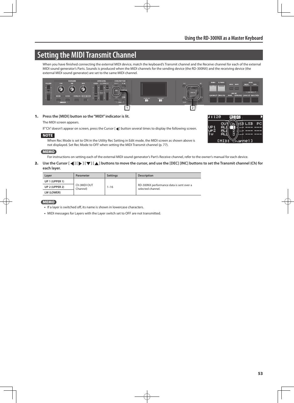Setting the midi transmit channel, Using the rd-300nx as a master keyboard | Roland RD-300 User Manual | Page 51 / 92