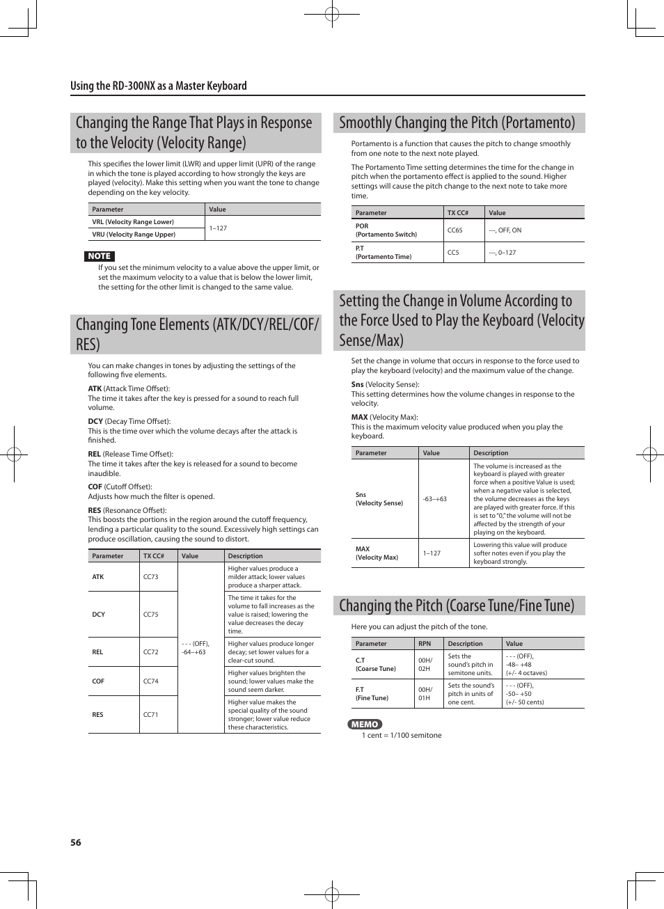 Changing tone elements (atk/dcy/rel/cof/ res), Smoothly changing the pitch (portamento), Changing the pitch (coarse tune/fine tune) | Using the rd-300nx as a master keyboard | Roland RD-300 User Manual | Page 54 / 92