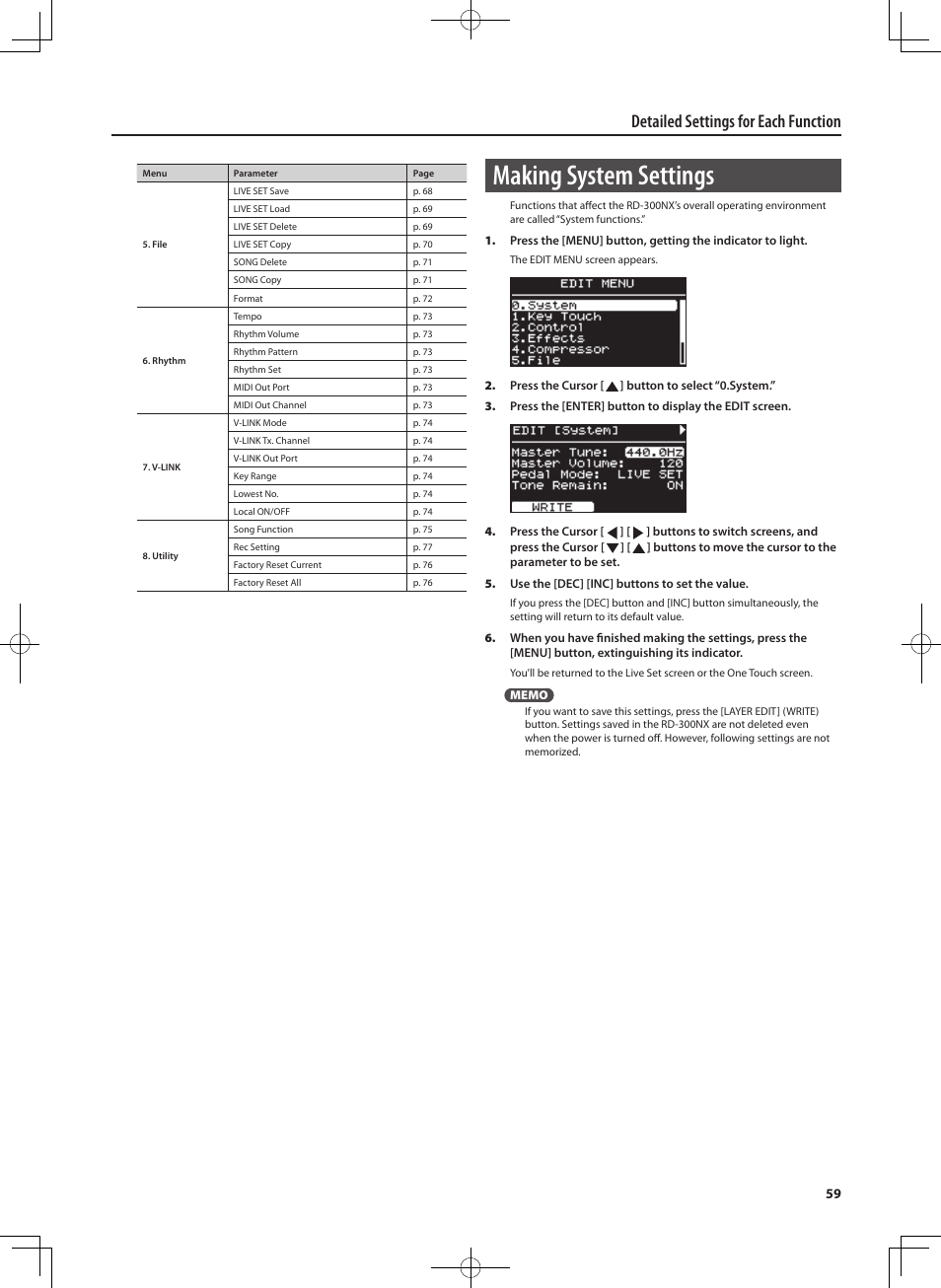 Making system settings, Detailed settings for each function | Roland RD-300 User Manual | Page 57 / 92