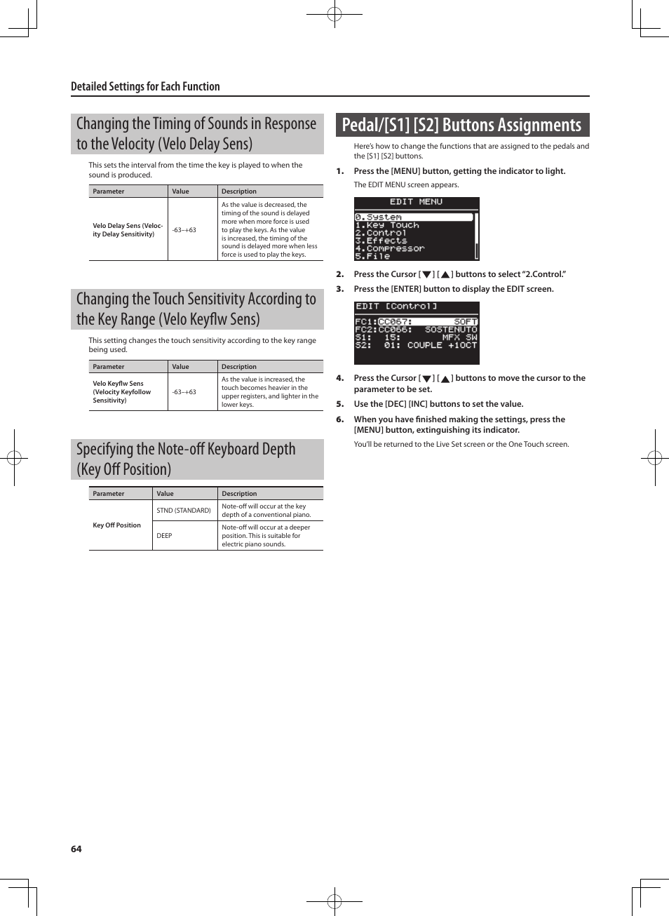 Pedal/[s1] [s2] buttons assignments, Detailed settings for each function | Roland RD-300 User Manual | Page 62 / 92