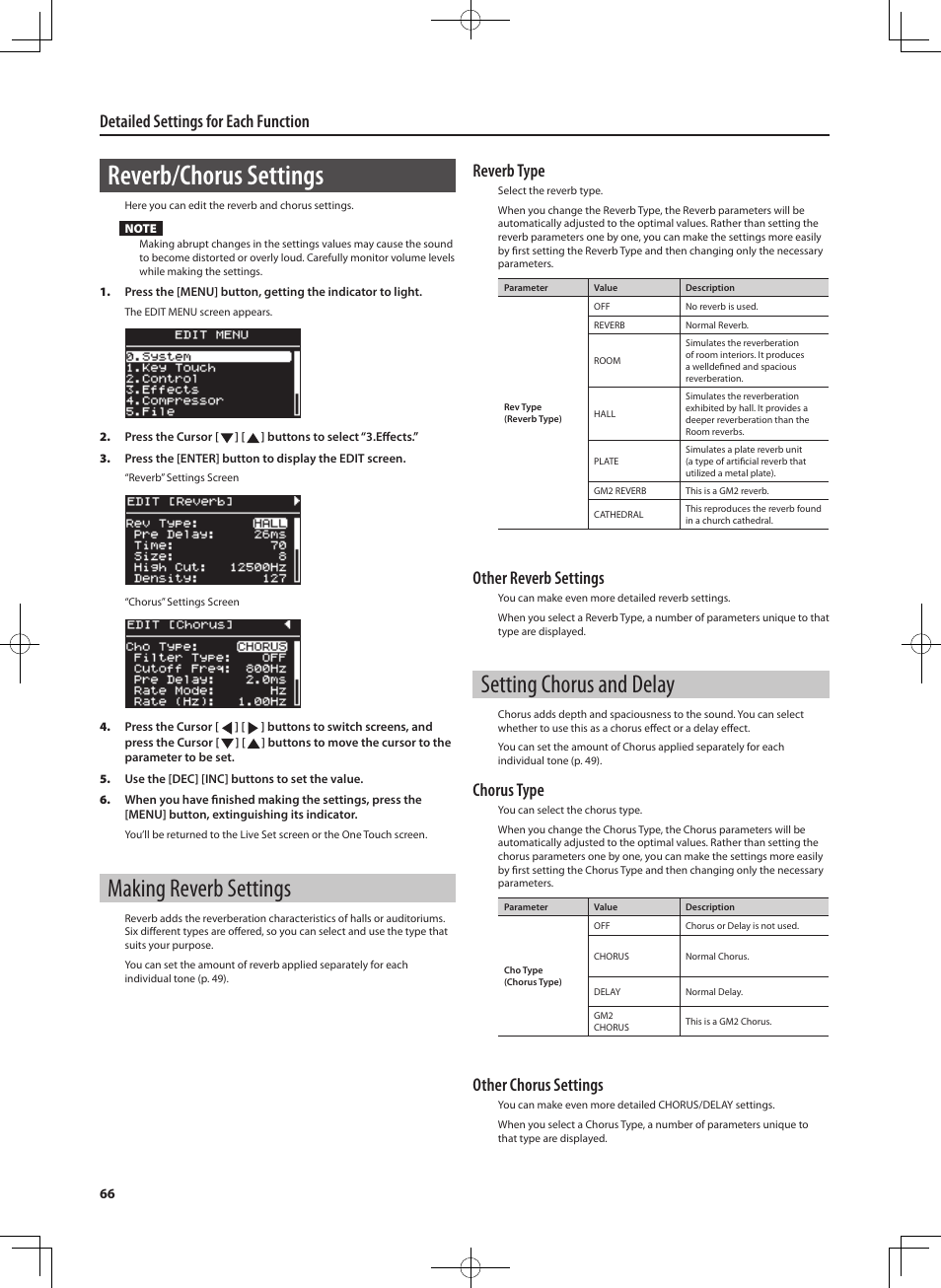 Reverb/chorus settings, Making reverb settings, Setting chorus and delay | Detailed settings for each function, Reverb type, Other reverb settings, Chorus type, Other chorus settings | Roland RD-300 User Manual | Page 64 / 92