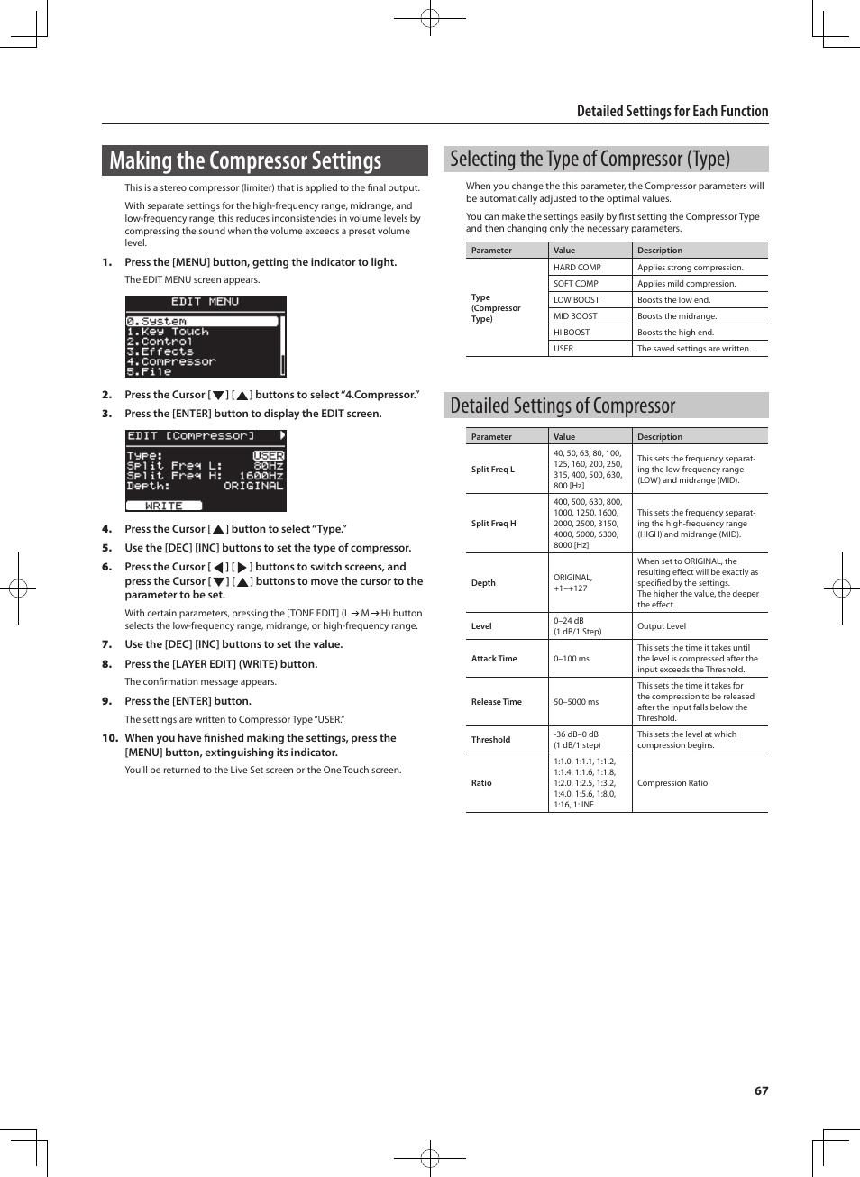Making the compressor settings, Selecting the type of compressor (type), Detailed settings of compressor | Detailed settings for each function | Roland RD-300 User Manual | Page 65 / 92