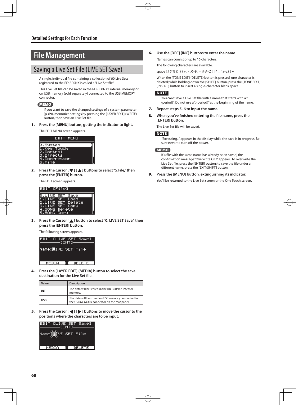 File management, Saving a live set file ( live set save), Detailed settings for each function | Roland RD-300 User Manual | Page 66 / 92