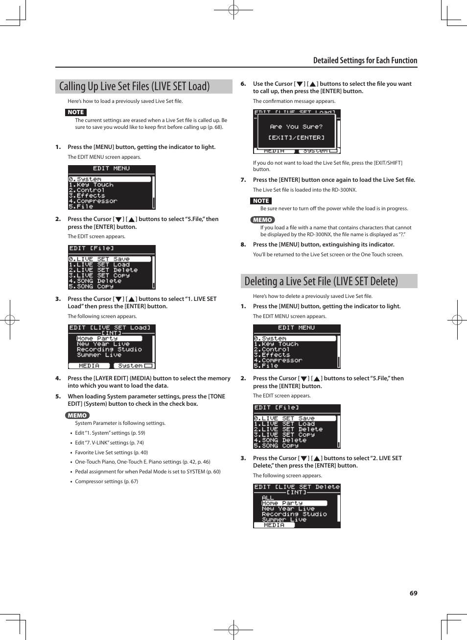 Calling up live set files (live set load), Deleting a live set file (live set delete), Detailed settings for each function | Roland RD-300 User Manual | Page 67 / 92