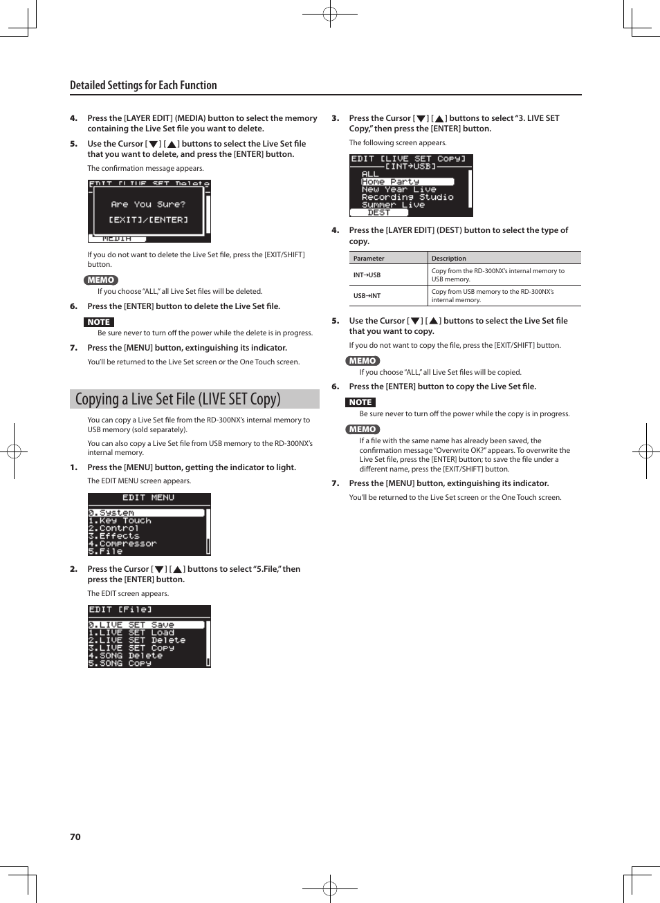 Copying a live set file (live set copy), Detailed settings for each function | Roland RD-300 User Manual | Page 68 / 92