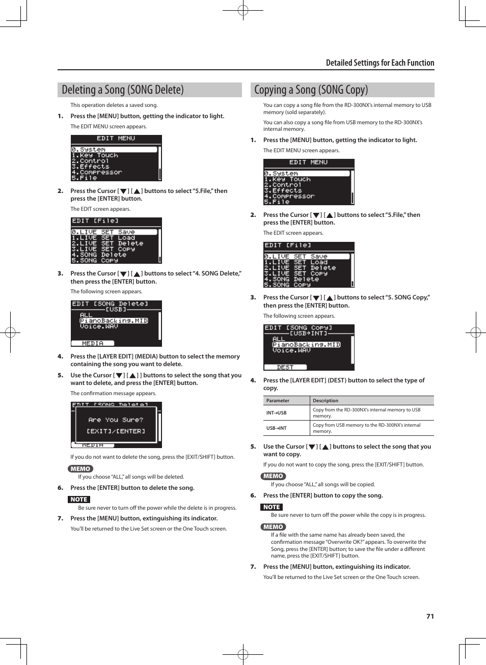 Deleting a song (song delete), Copying a song (song copy), Detailed settings for each function | Roland RD-300 User Manual | Page 69 / 92