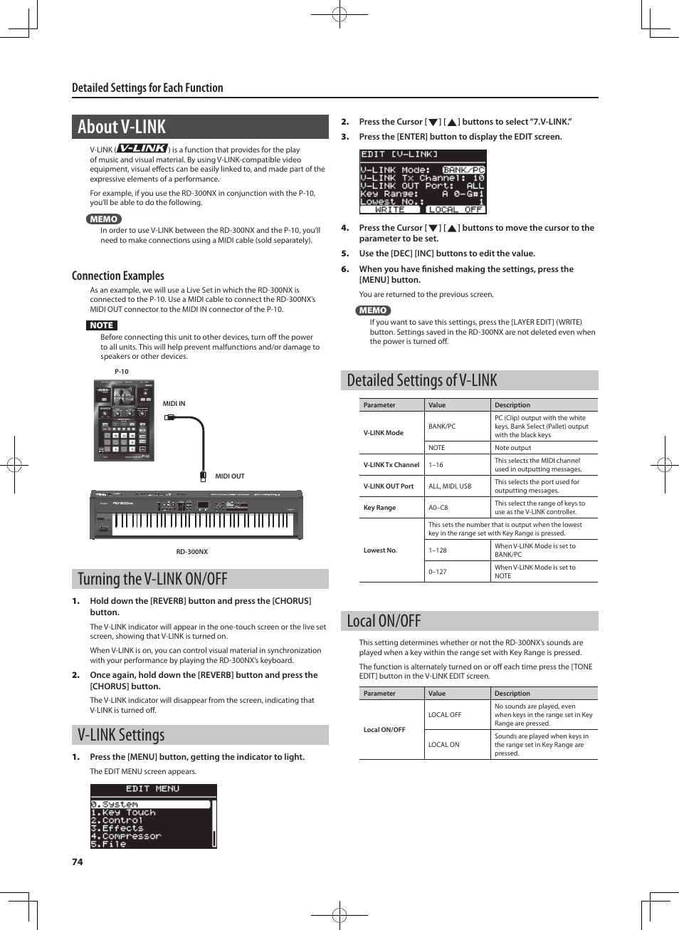 About v-link, Turning the v-link on/off, V-link settings | Detailed settings of v-link, Local on/off, Detailed settings for each function, Connection examples | Roland RD-300 User Manual | Page 72 / 92