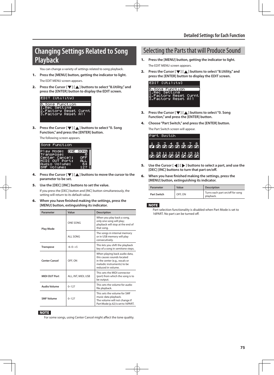 Changing settings related to song playback, Selecting the parts that will produce sound, Detailed settings for each function | Roland RD-300 User Manual | Page 73 / 92
