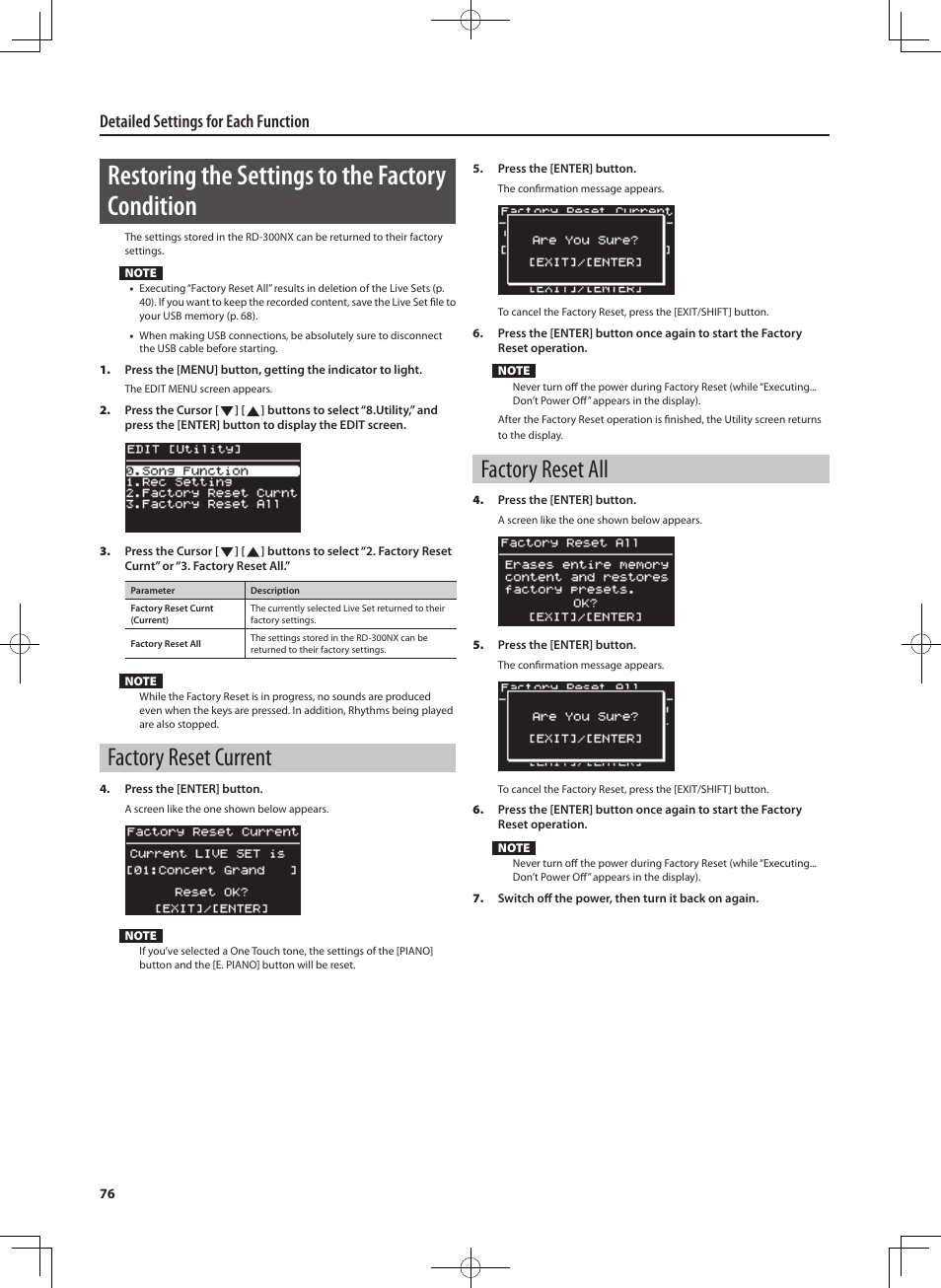 Restoring the settings to the factory condition, Factory reset current, Factory reset all | Detailed settings for each function | Roland RD-300 User Manual | Page 74 / 92