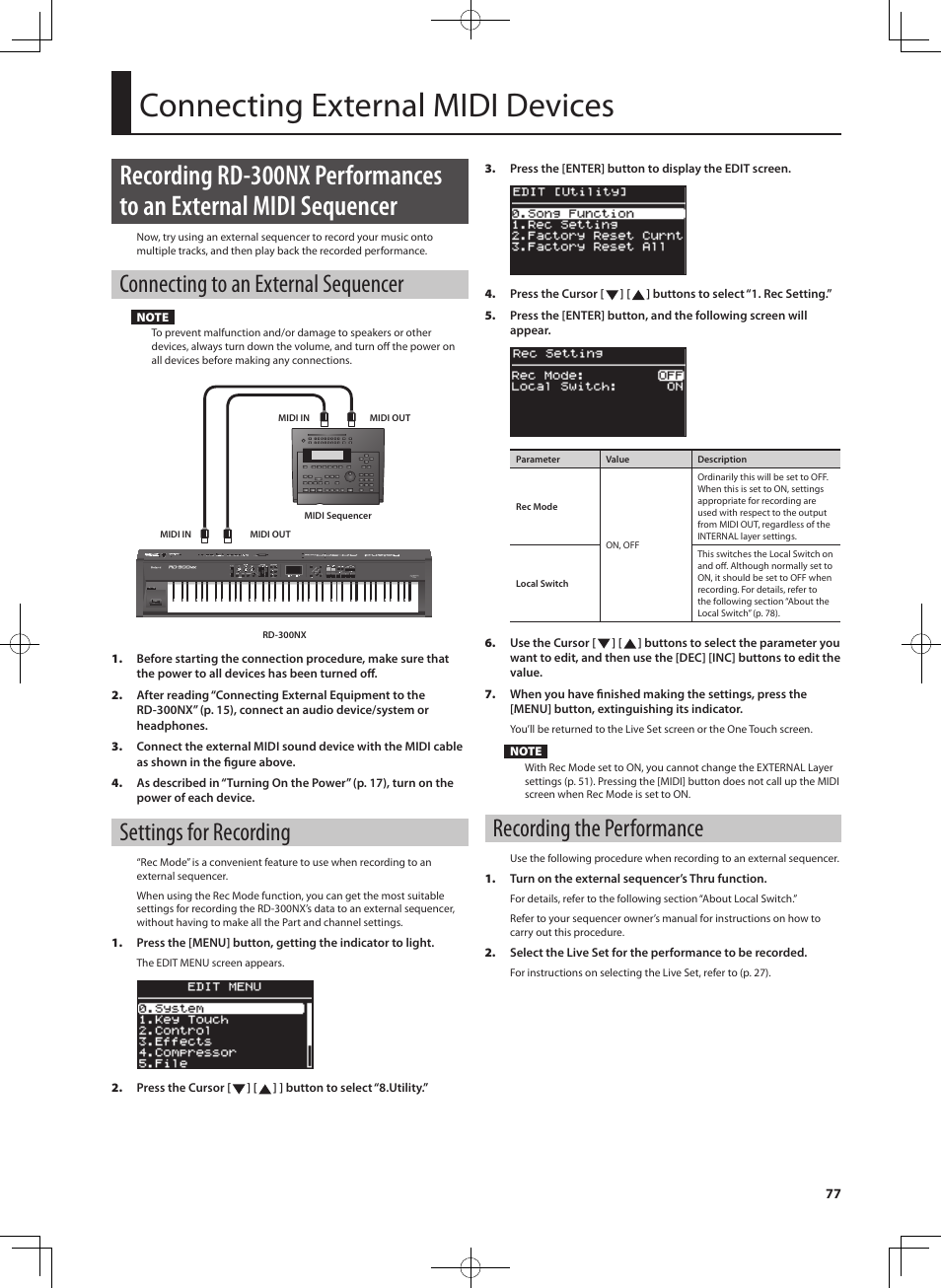 Connecting external midi devices, Connecting to an external sequencer, Settings for recording | Recording the performance | Roland RD-300 User Manual | Page 75 / 92
