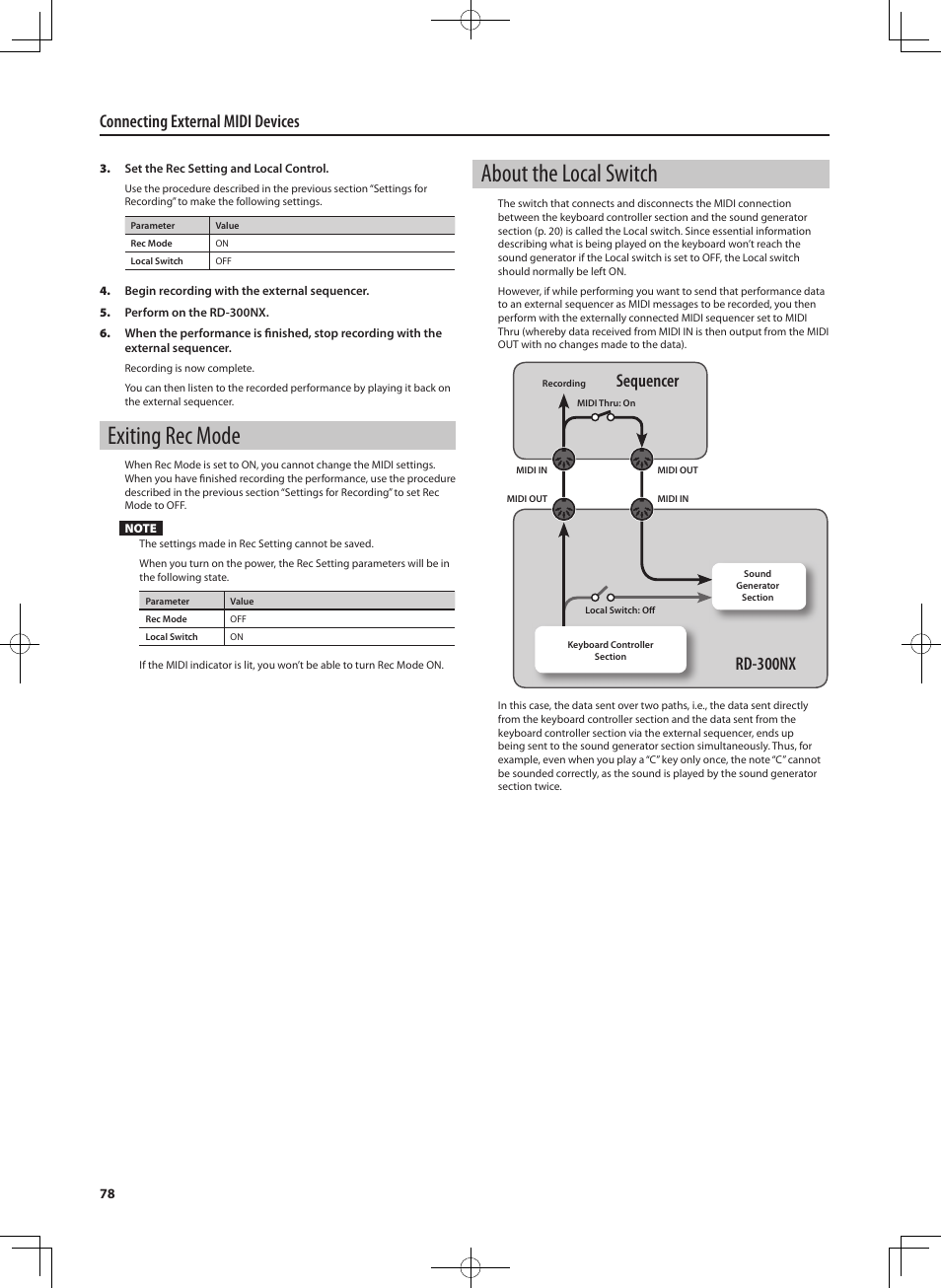 Exiting rec mode, About the local switch, Connecting external midi devices | Rd-300nx sequencer | Roland RD-300 User Manual | Page 76 / 92