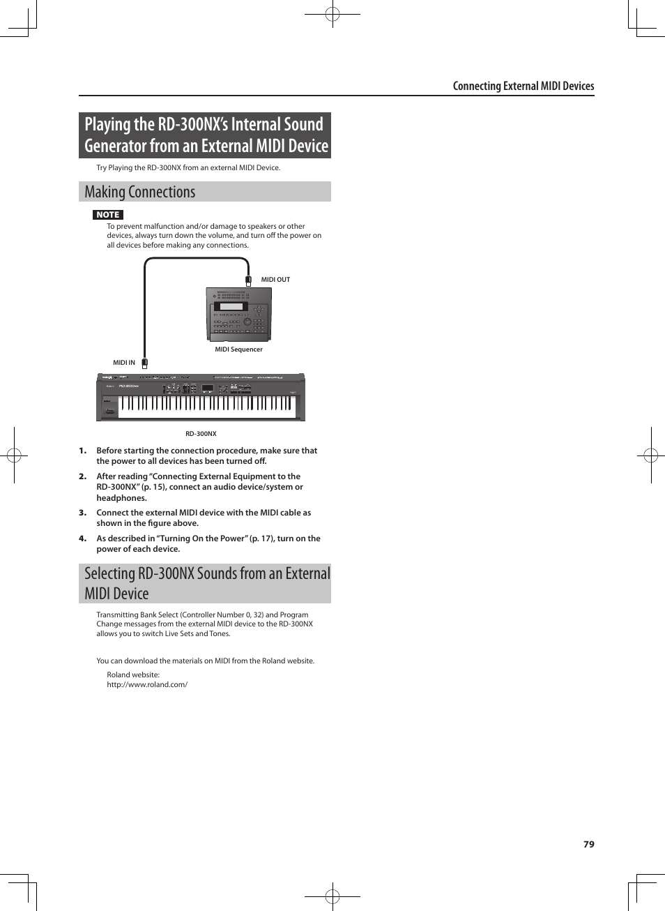 Making connections, Connecting external midi devices | Roland RD-300 User Manual | Page 77 / 92