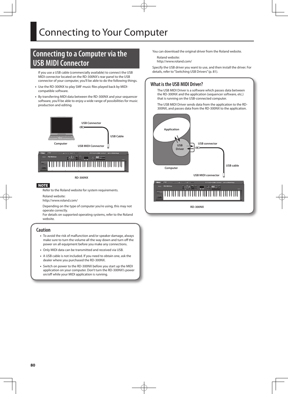 Connecting to your computer, Caution, What is the usb midi driver | Roland RD-300 User Manual | Page 78 / 92