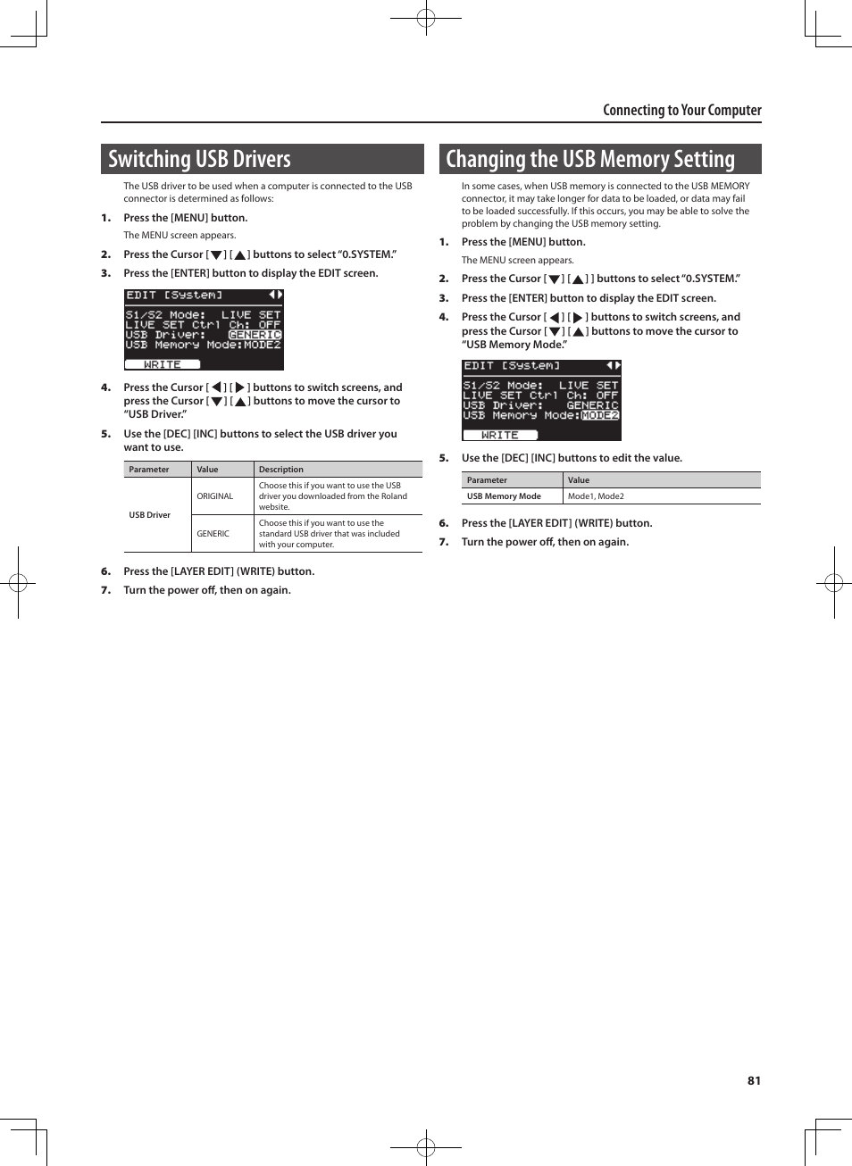 Switching usb drivers, Connecting to your computer | Roland RD-300 User Manual | Page 79 / 92
