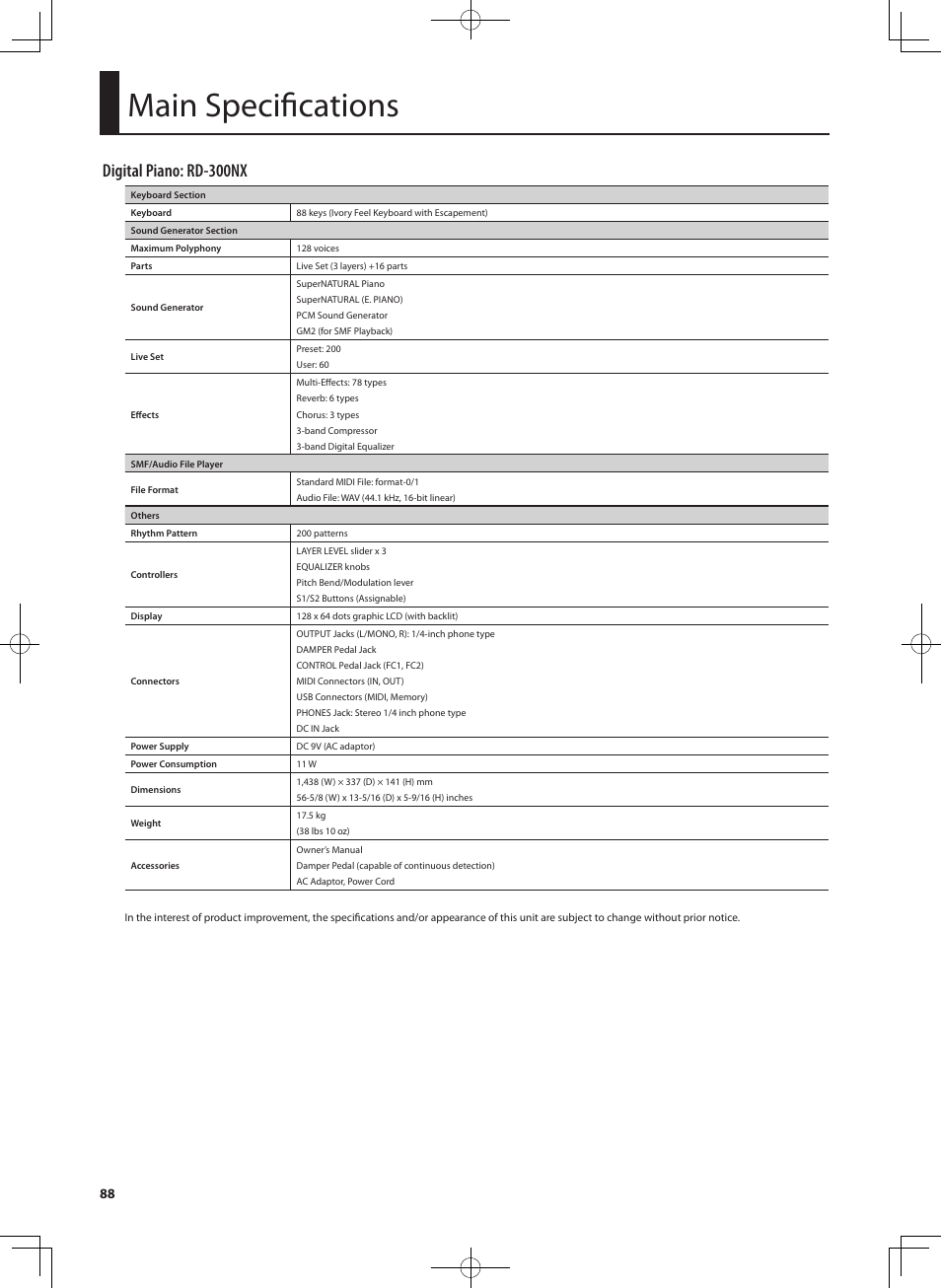 Main specifications, Digital piano: rd-300nx | Roland RD-300 User Manual | Page 86 / 92