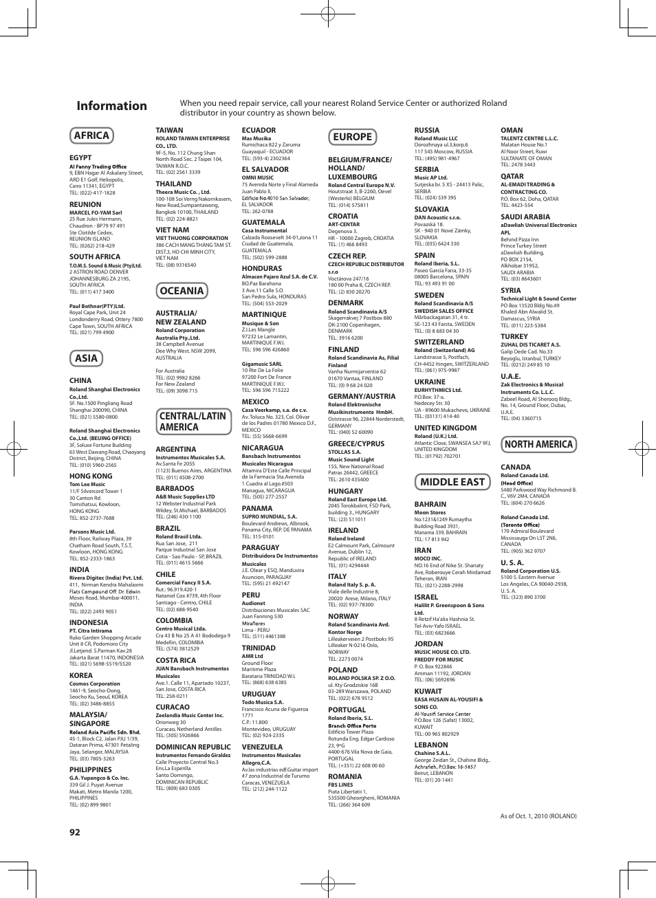 Information, Africa, Asia | Oceania, Central/latin america, Europe, Middle east, North america | Roland RD-300 User Manual | Page 90 / 92